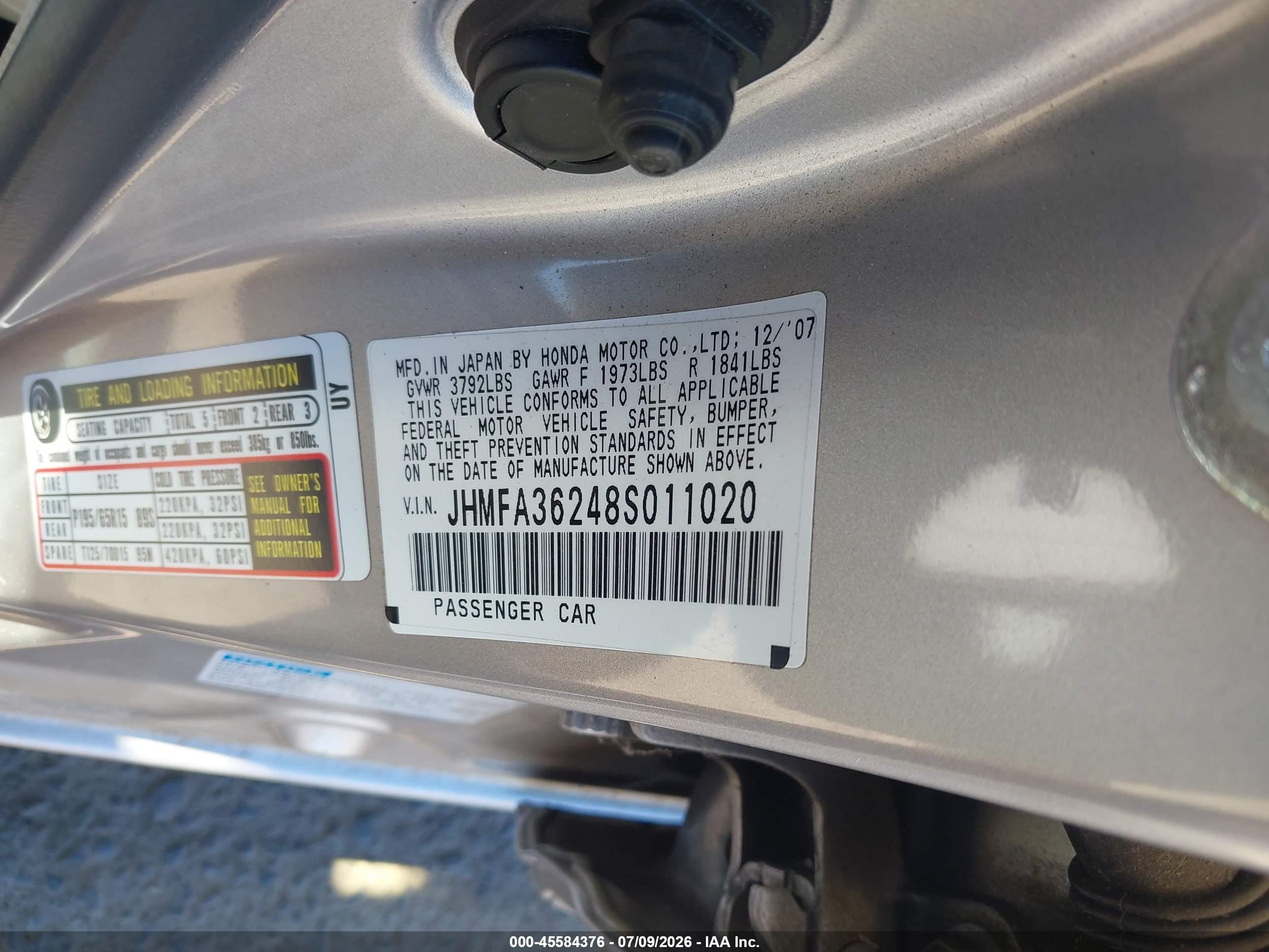 2008 Honda Civic Hybrid   Gray vin: JHMFA36248S011020