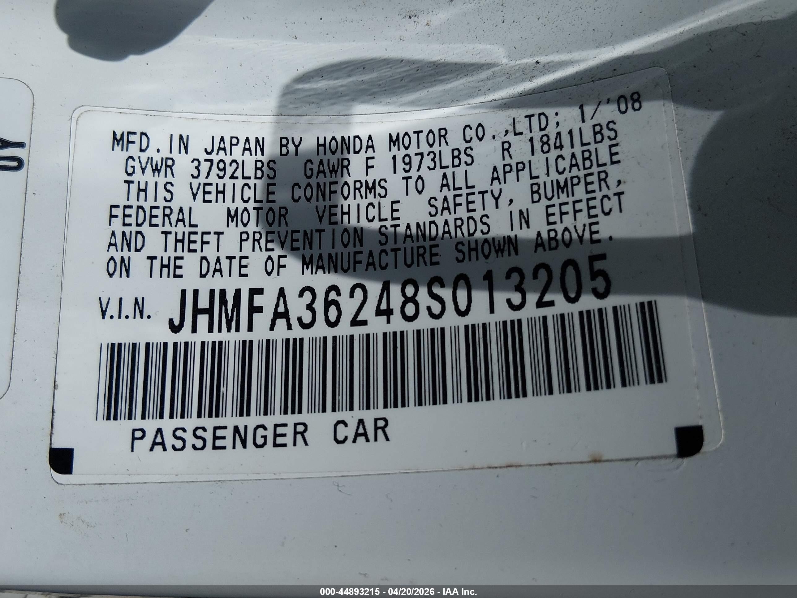 2008 Honda Civic Hybrid   White vin: JHMFA36248S013205