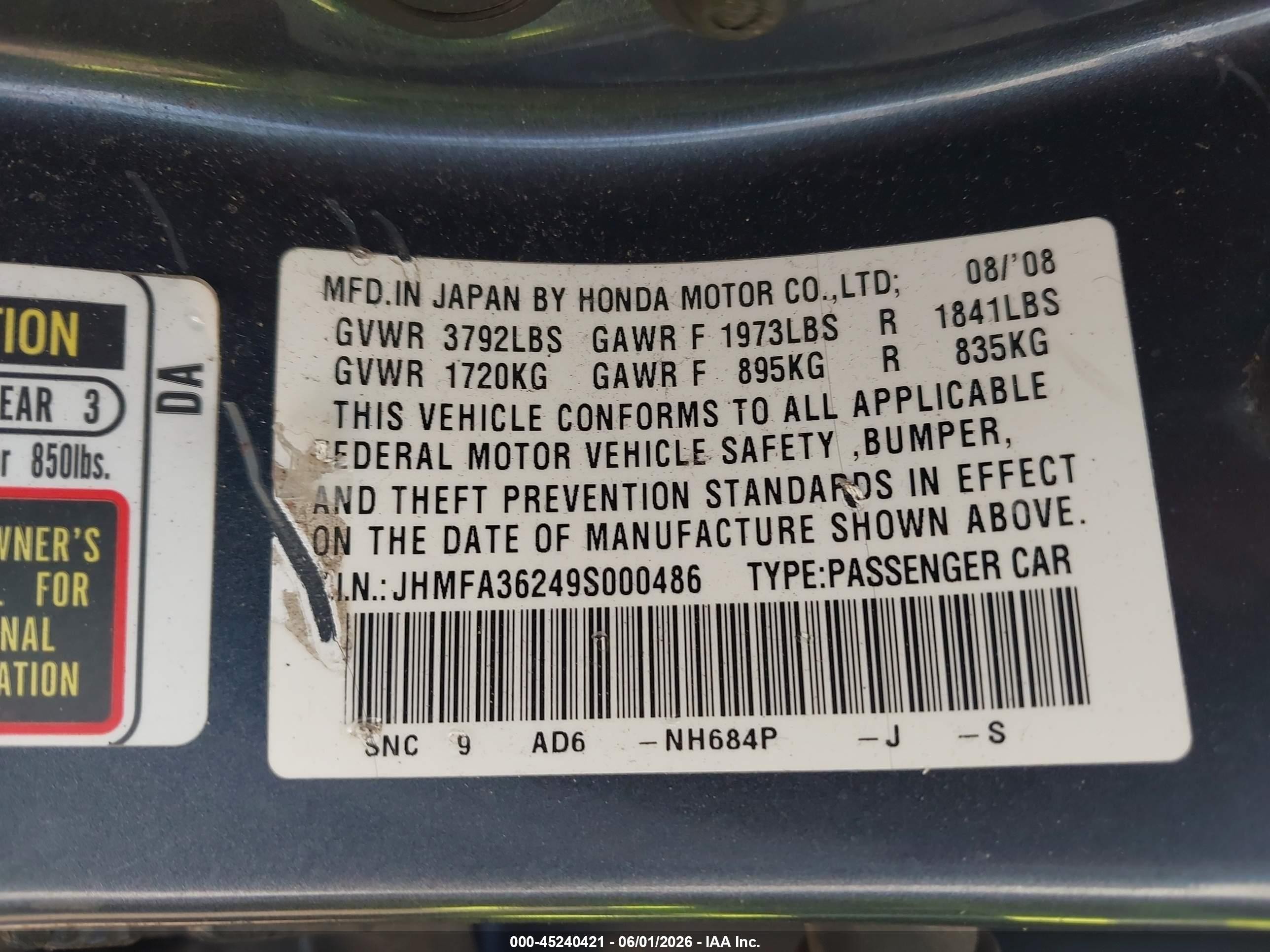 2009 Honda Civic Hybrid   Gray vin: JHMFA36249S000486