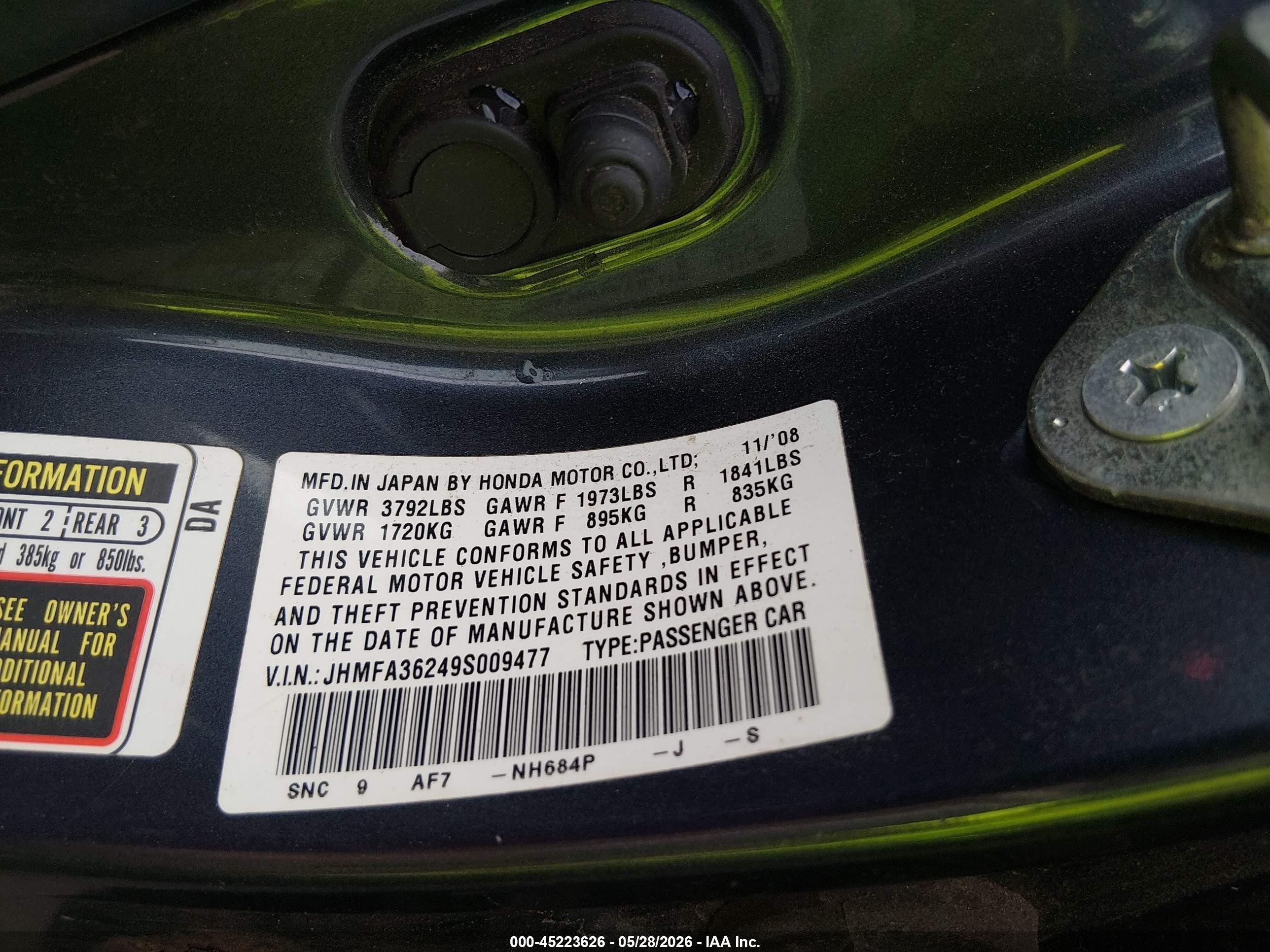2009 Honda Civic Hybrid   Dark Blue vin: JHMFA36249S009477