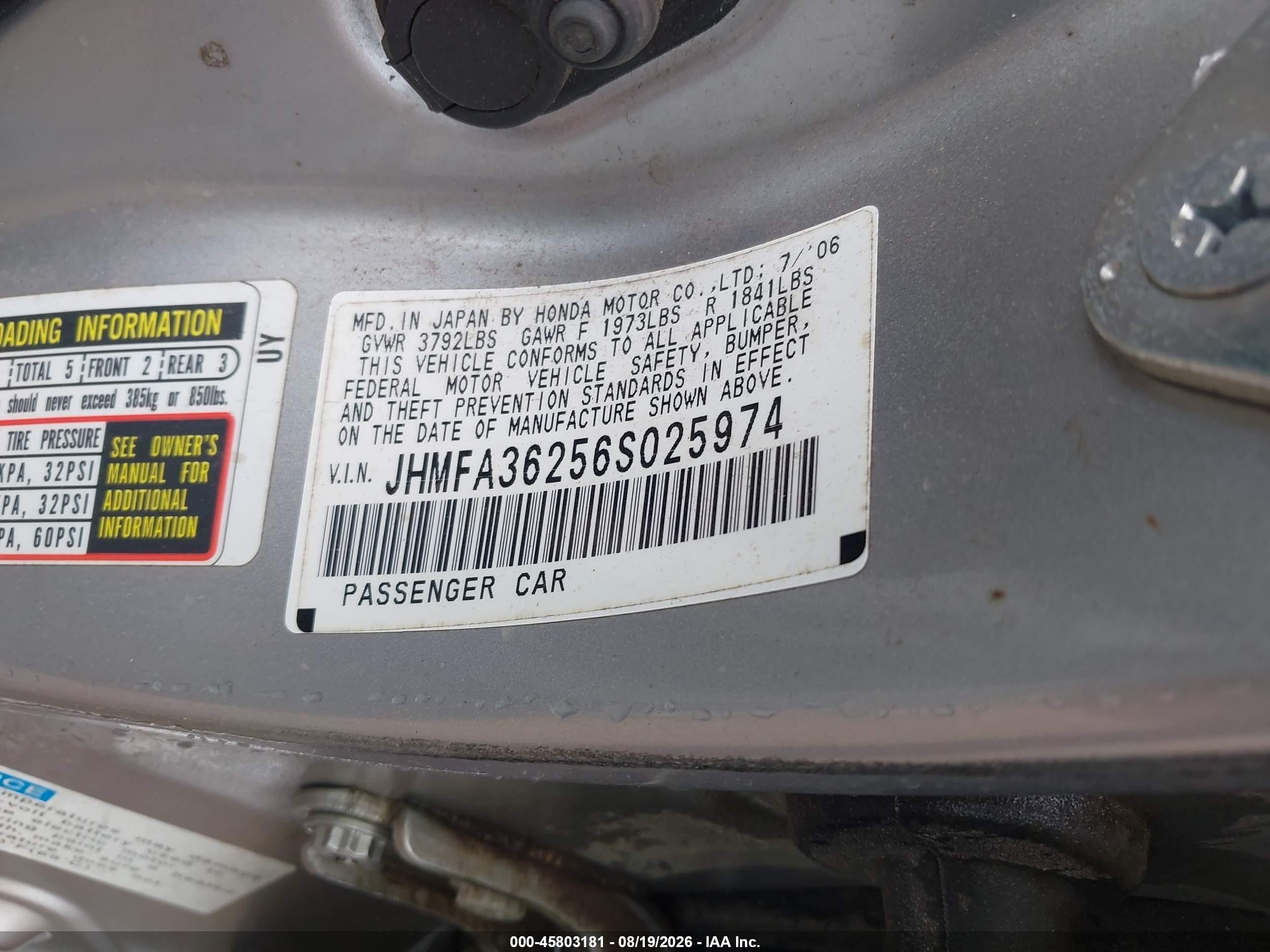 2006 Honda Civic Hybrid   Silver vin: JHMFA36256S025974