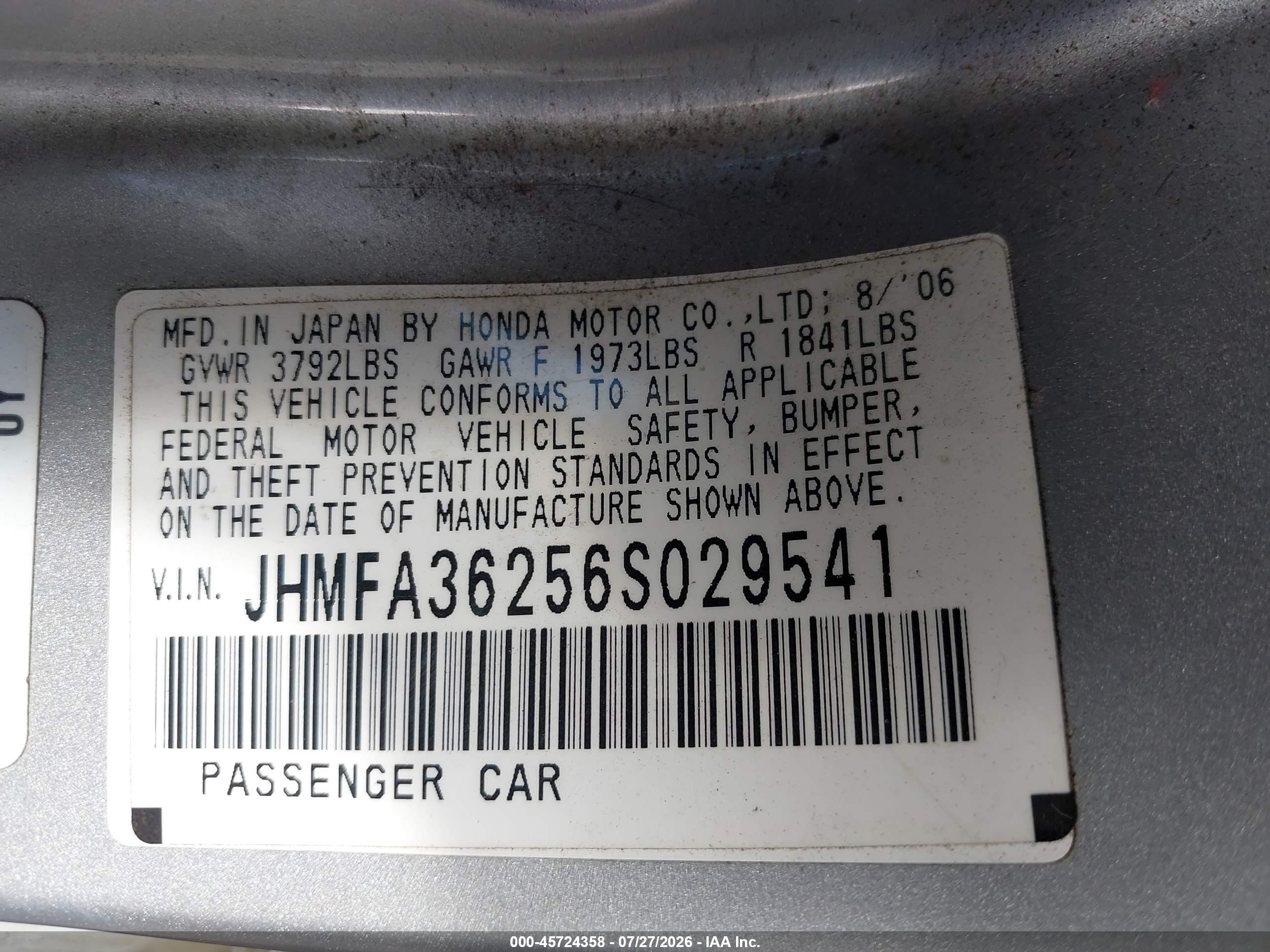 2006 Honda Civic Hybrid   Silver vin: JHMFA36256S029541