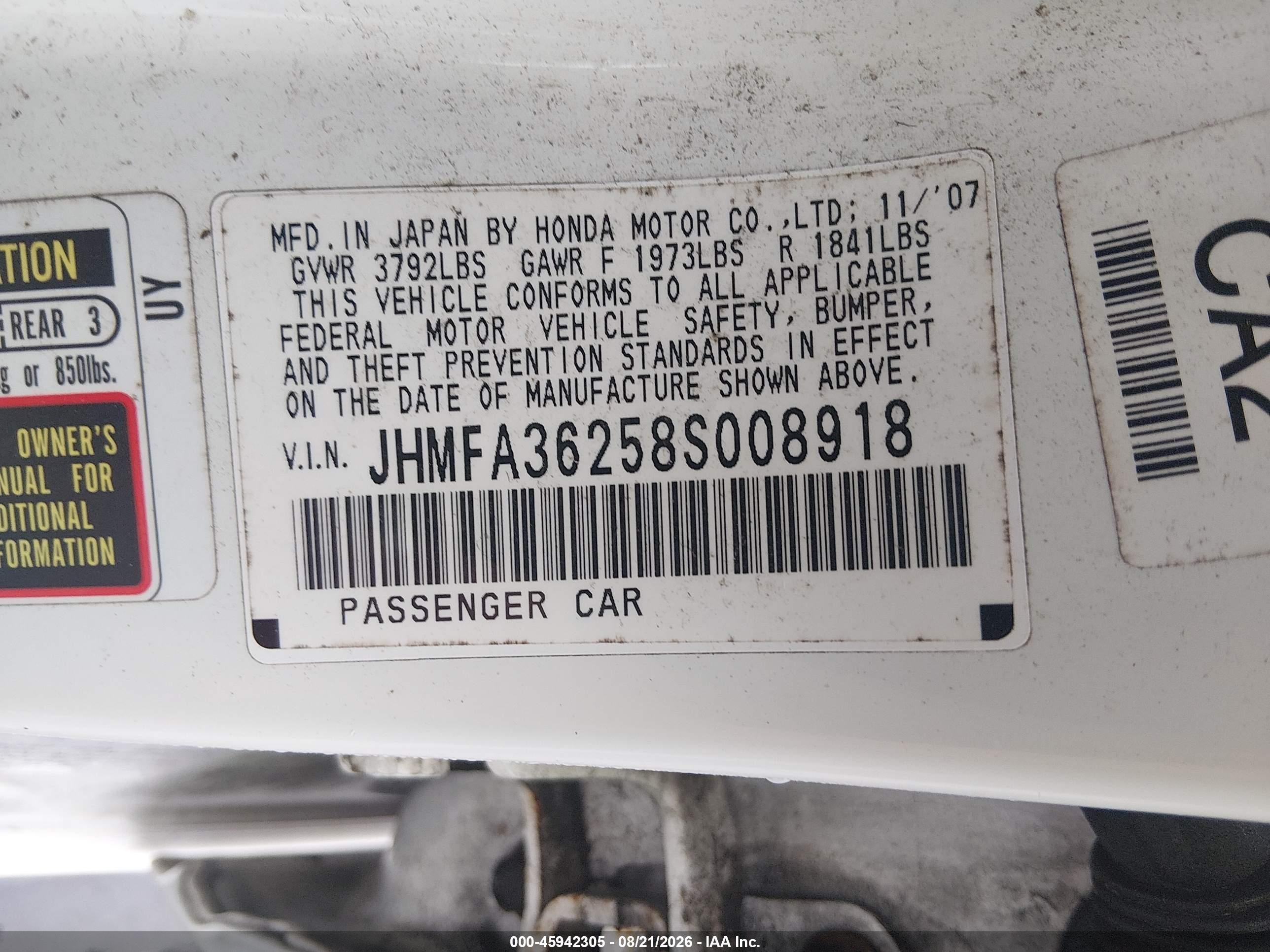 2008 Honda Civic Hybrid   Белый vin: JHMFA36258S008918