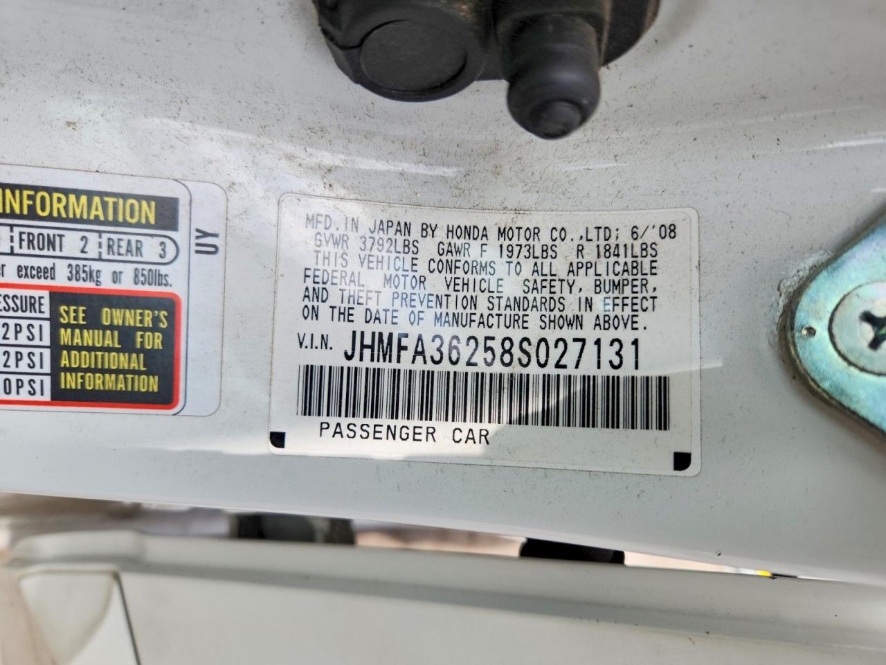 2008 Honda Civic Hybrid White vin: JHMFA36258S027131