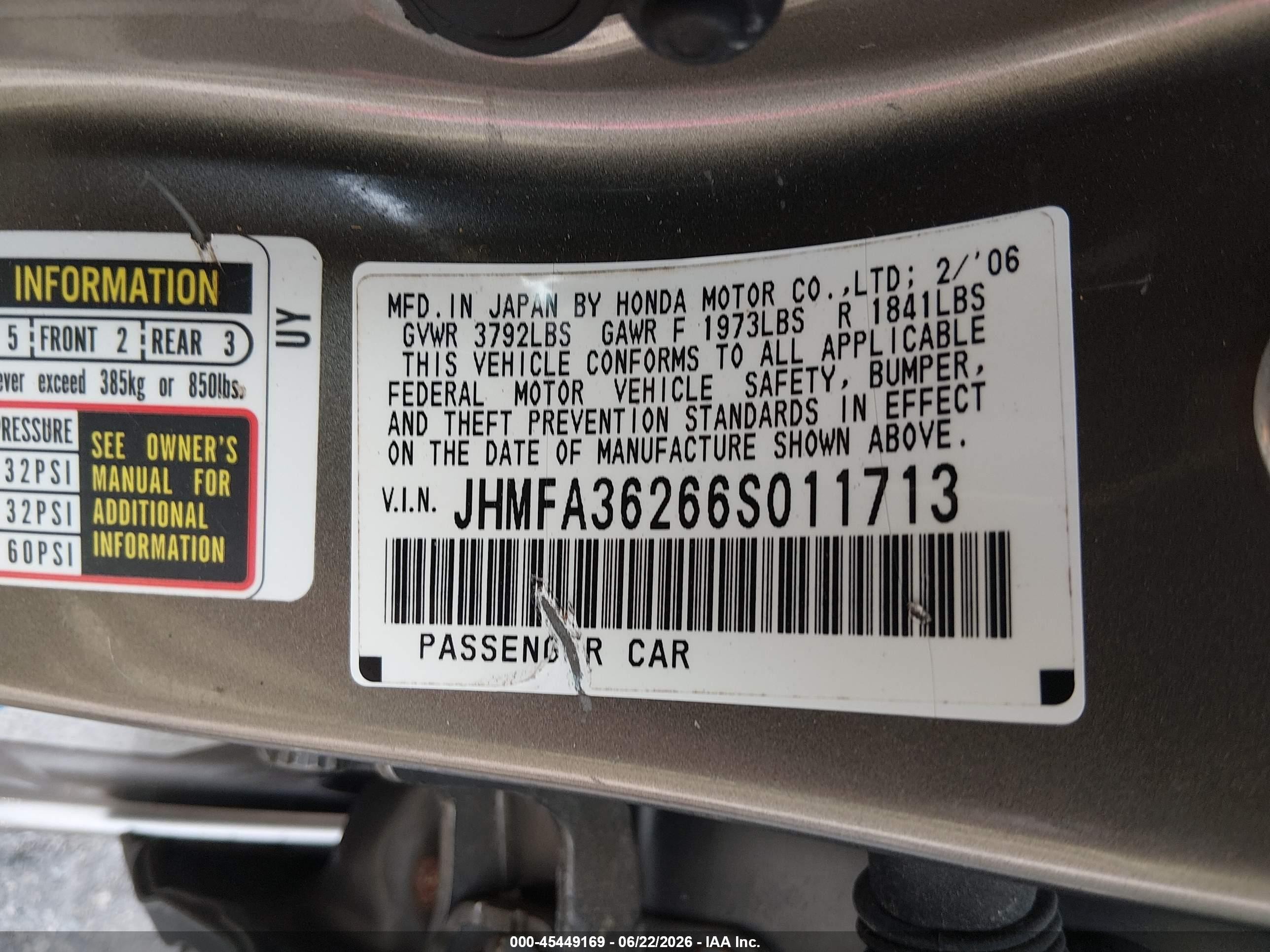 2006 Honda Civic Hybrid   Gray vin: JHMFA36266S011713