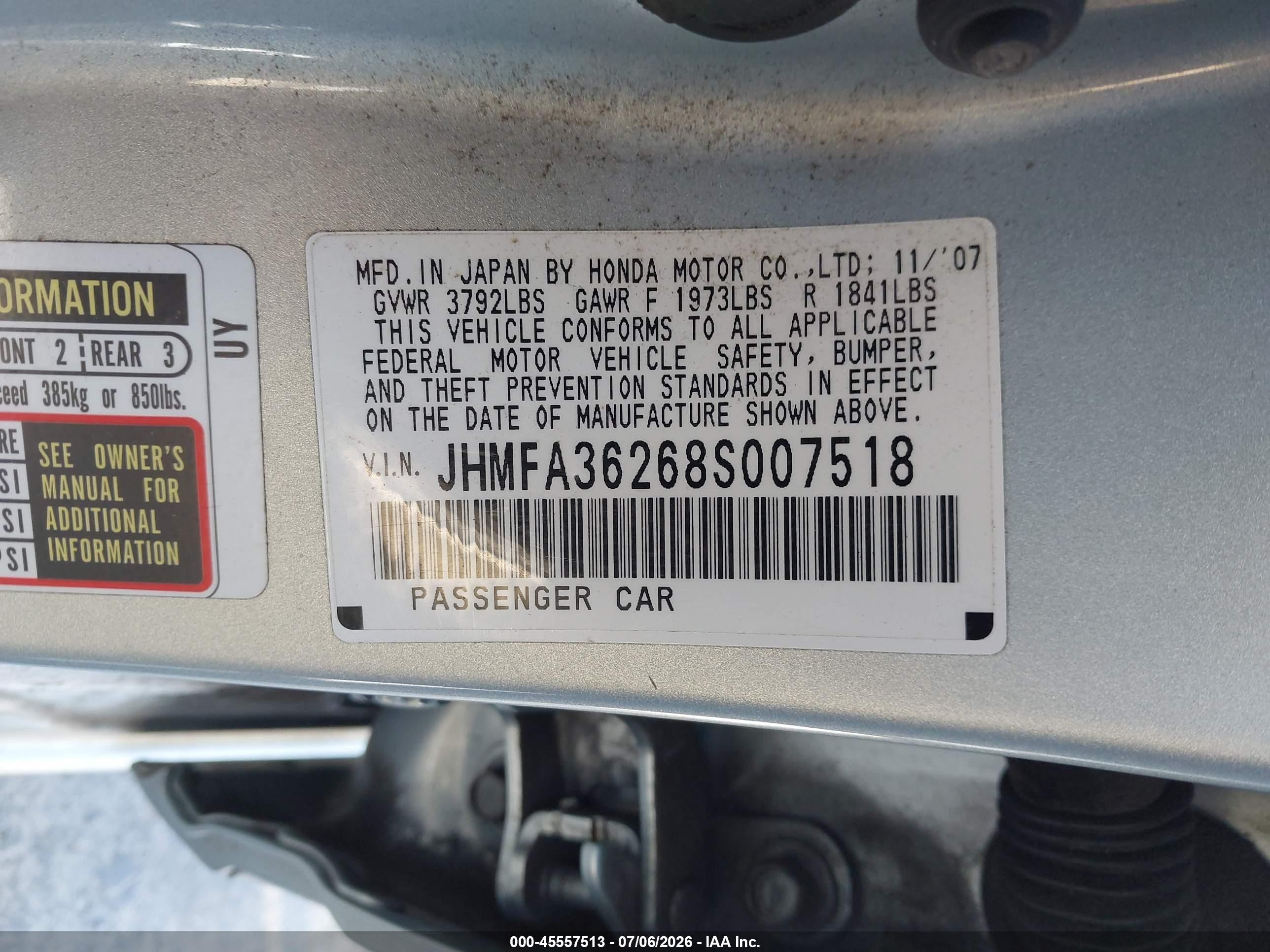 2008 Honda Civic Hybrid   Light Blue vin: JHMFA36268S007518