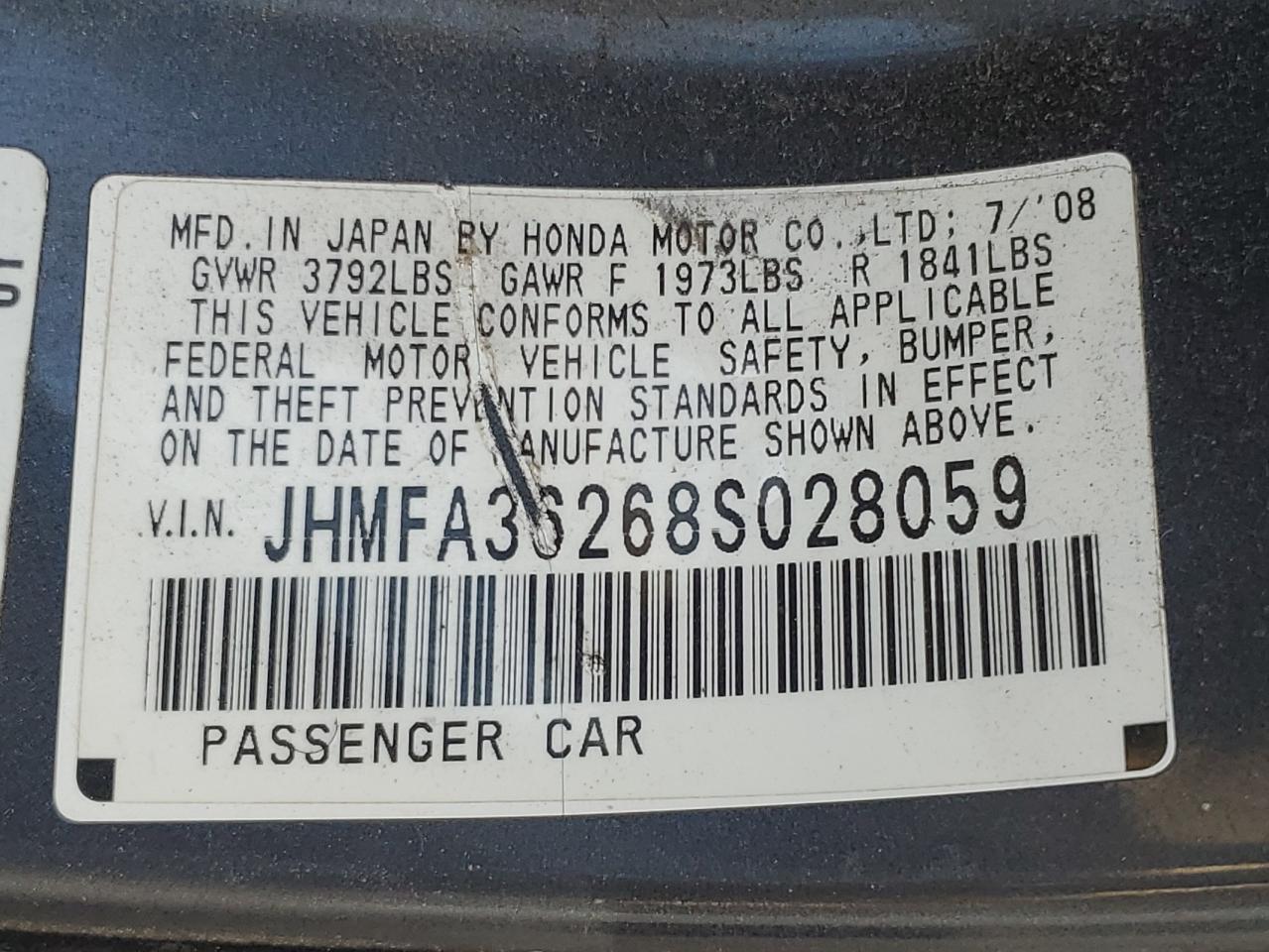 2008 Honda Civic Hybrid Blue vin: JHMFA36268S028059