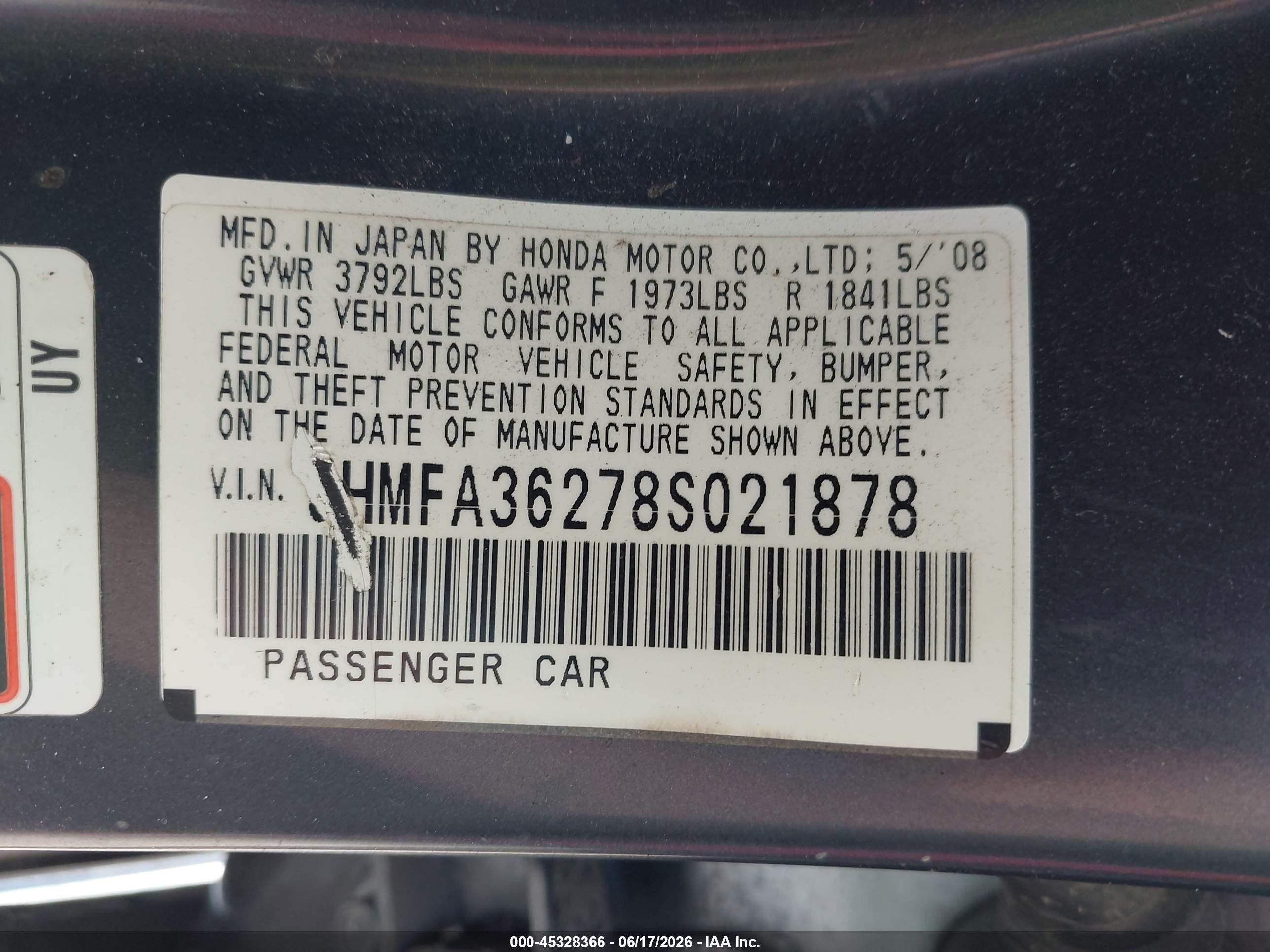 2008 Honda Civic Hybrid Blue vin: JHMFA36278S021878