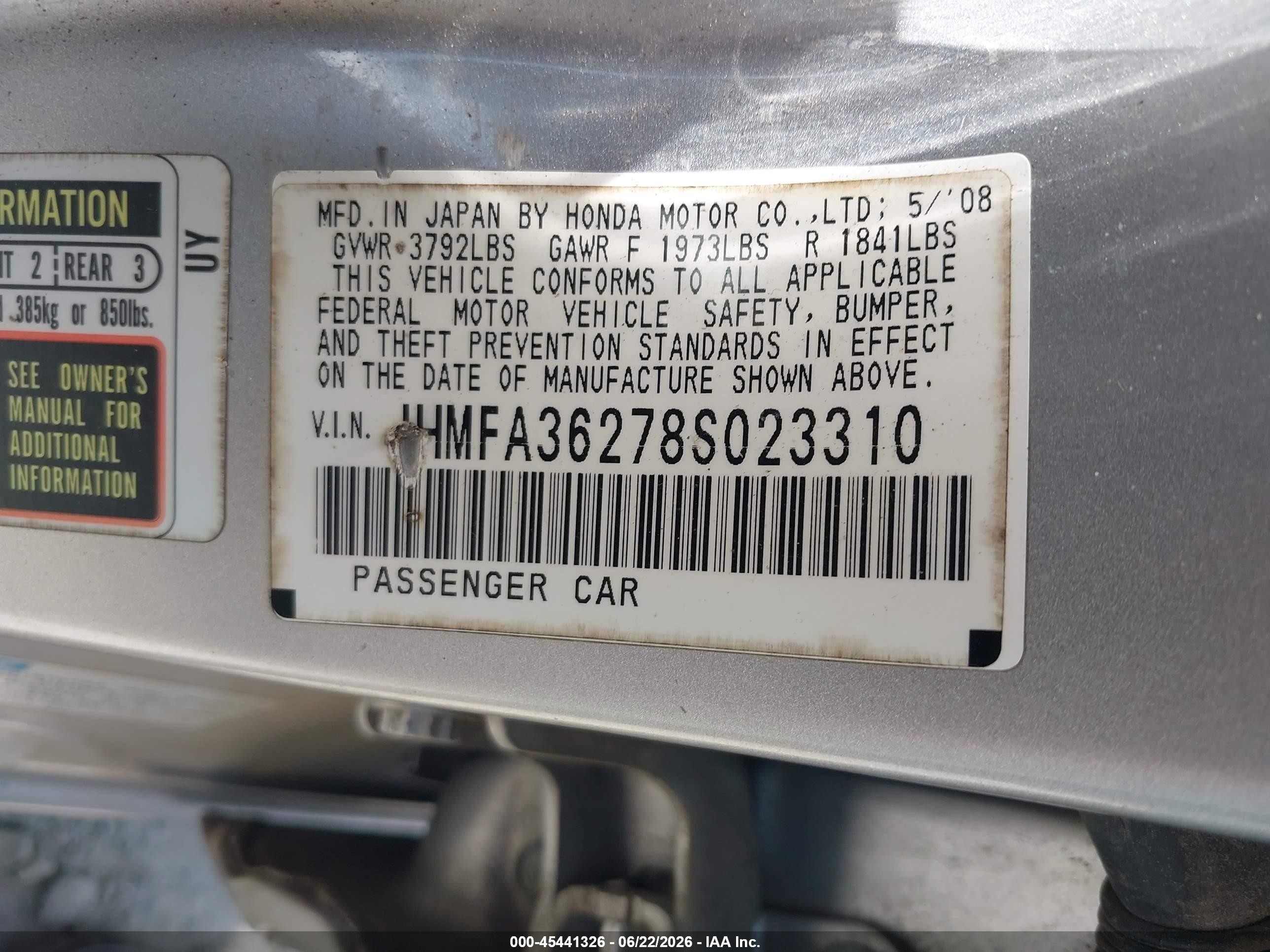 2008 Honda Civic Hybrid   Gray vin: JHMFA36278S023310