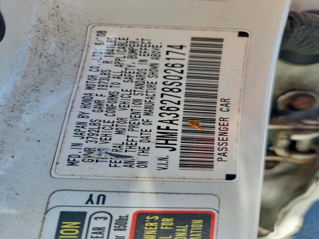 2008 Honda Civic Hybrid White vin: JHMFA36278S026174