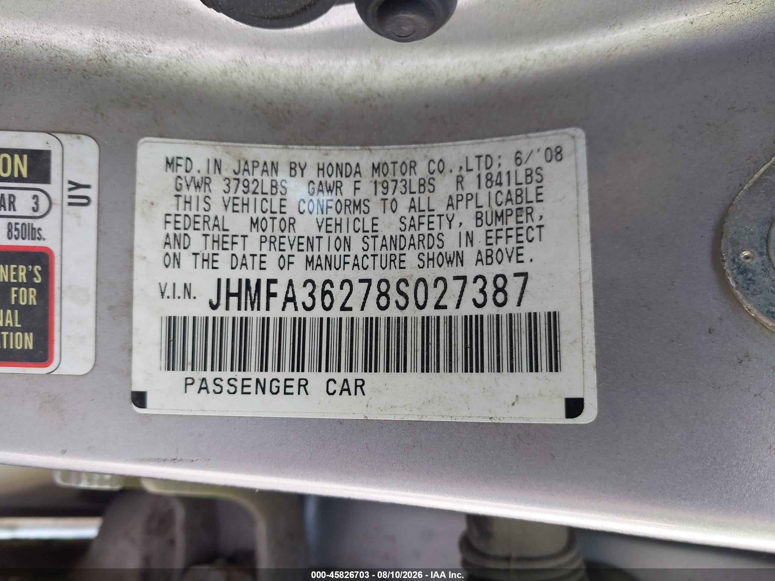 2008 Honda Civic Hybrid   Silver vin: JHMFA36278S027387