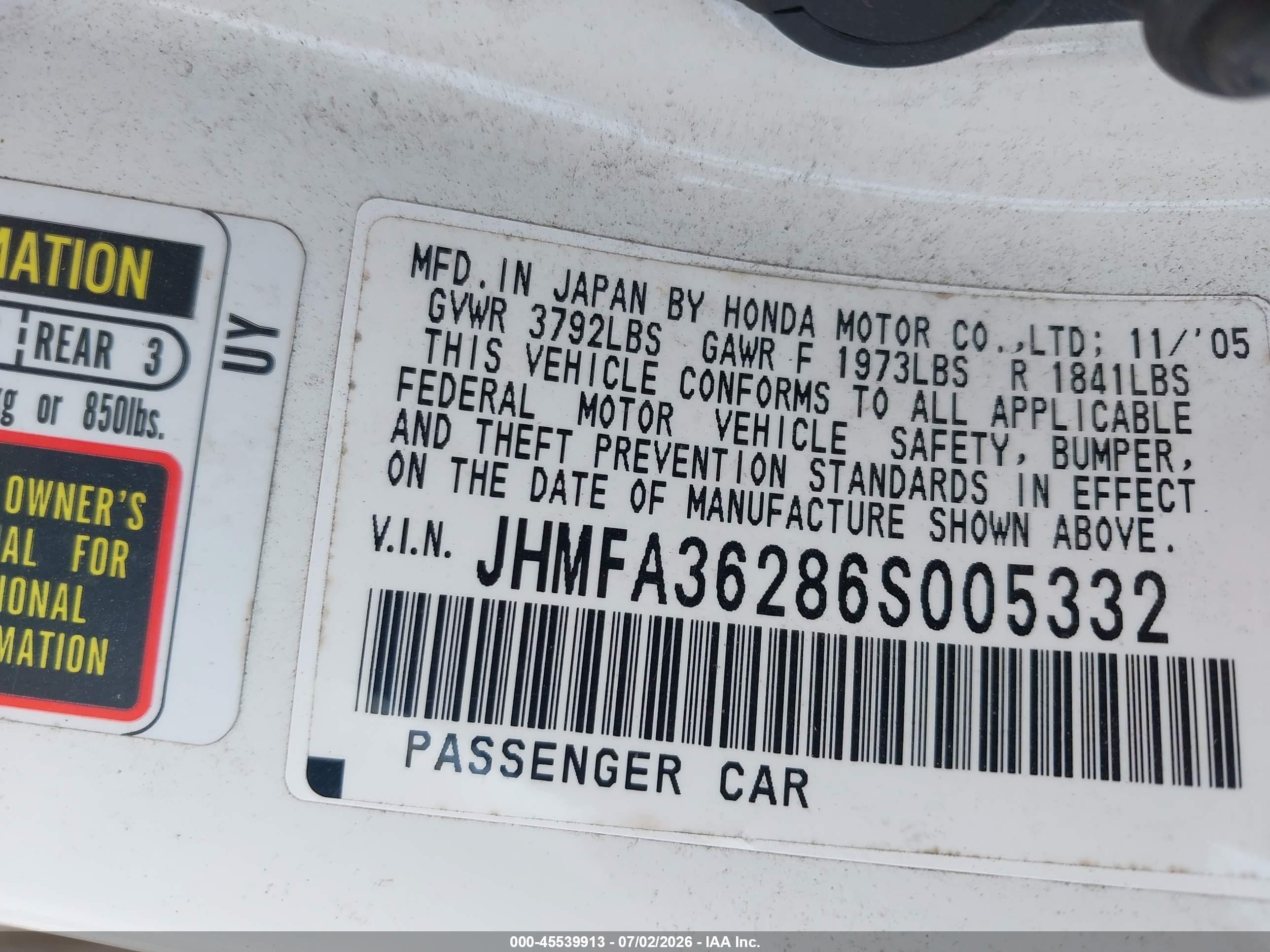 2006 Honda Civic Hybrid   White vin: JHMFA36286S005332