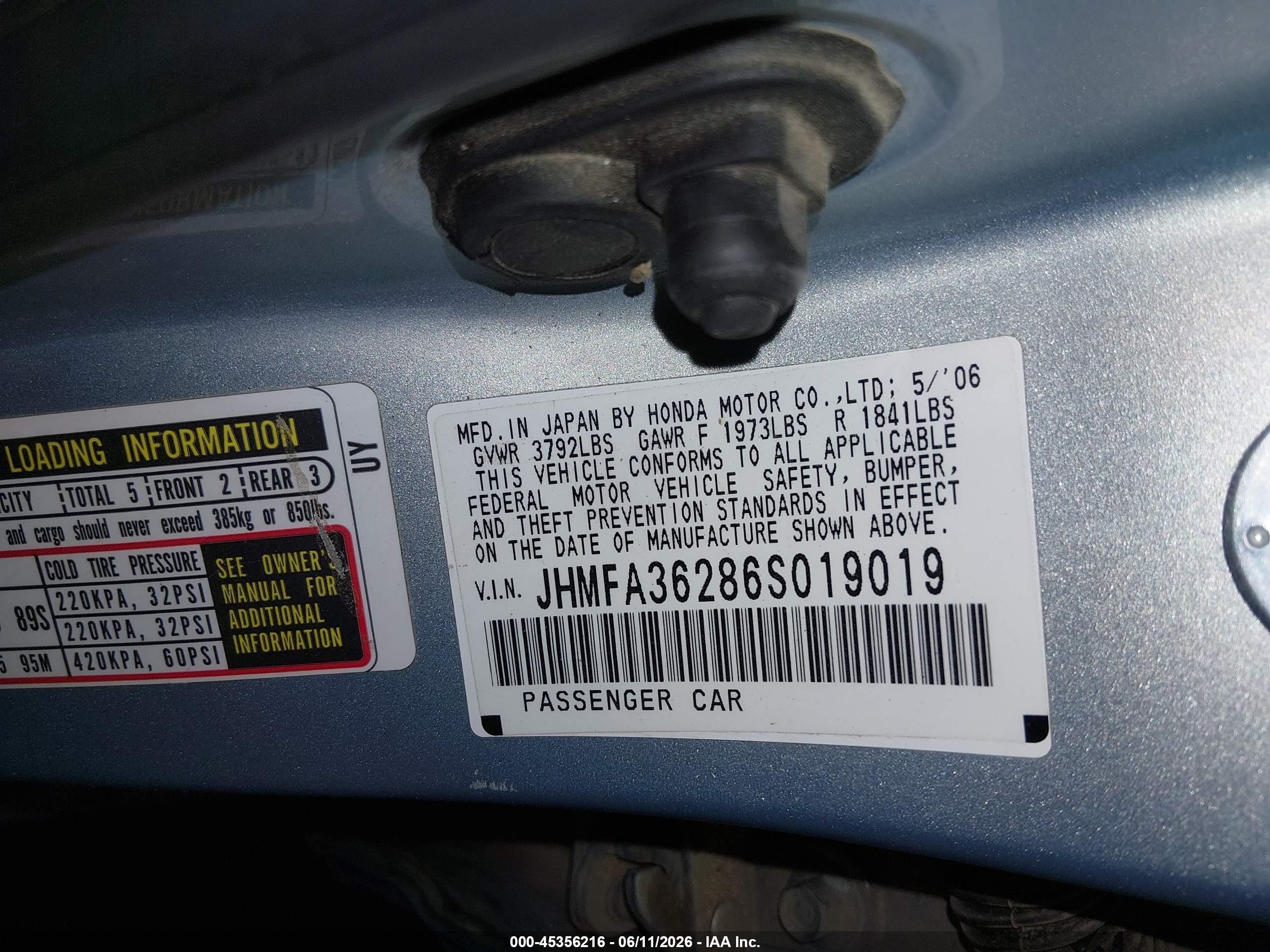 2006 Honda Civic Hybrid Light Blue vin: JHMFA36286S019019