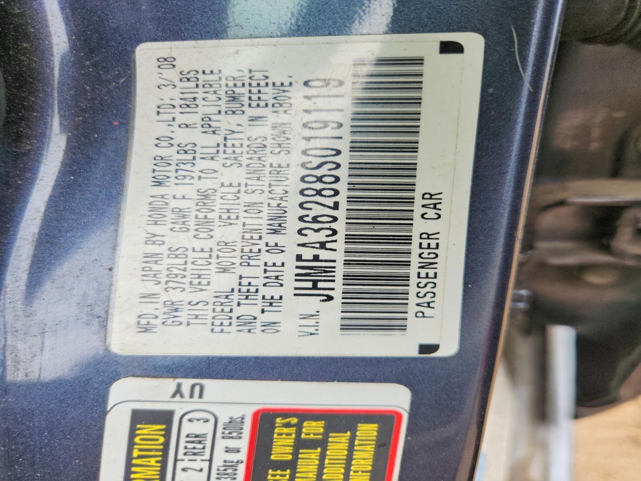 2008 Honda Civic Hybrid Charcoal vin: JHMFA36288S019119