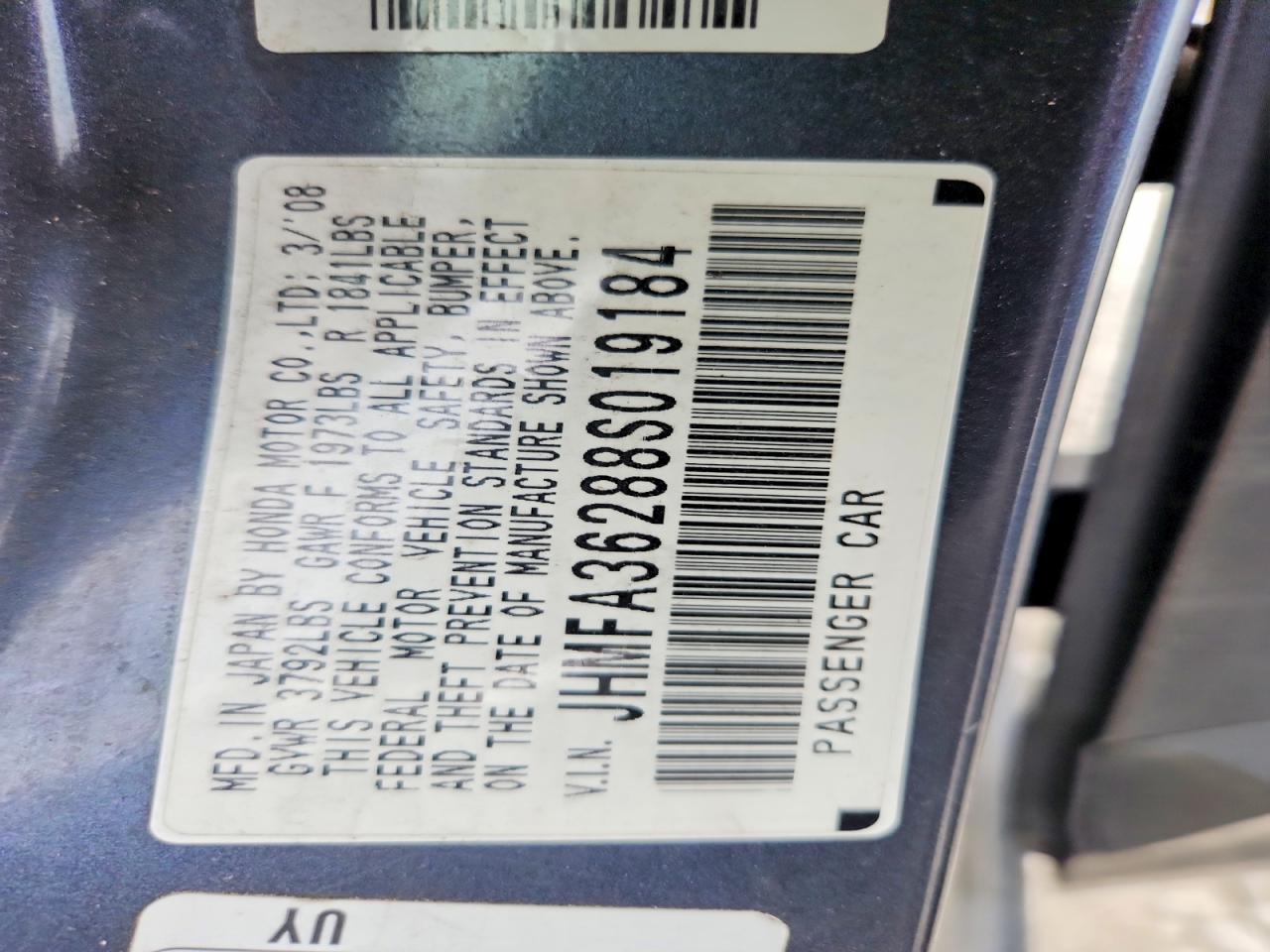2008 Honda Civic Hybrid Blue vin: JHMFA36288S019184
