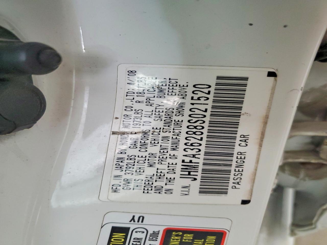 2008 Honda Civic Hybrid White vin: JHMFA36288S021520