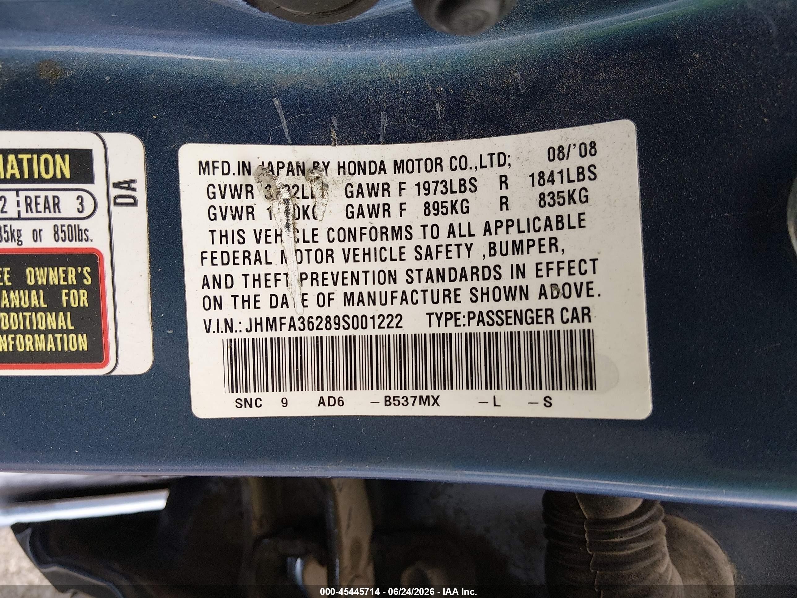2009 Honda Civic Hybrid Blue vin: JHMFA36289S001222