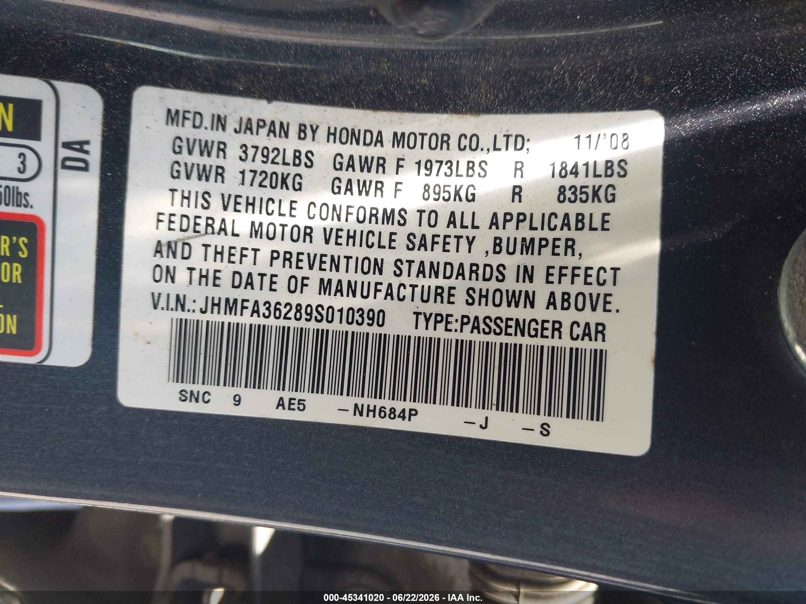2009 Honda Civic Hybrid   Navy vin: JHMFA36289S010390