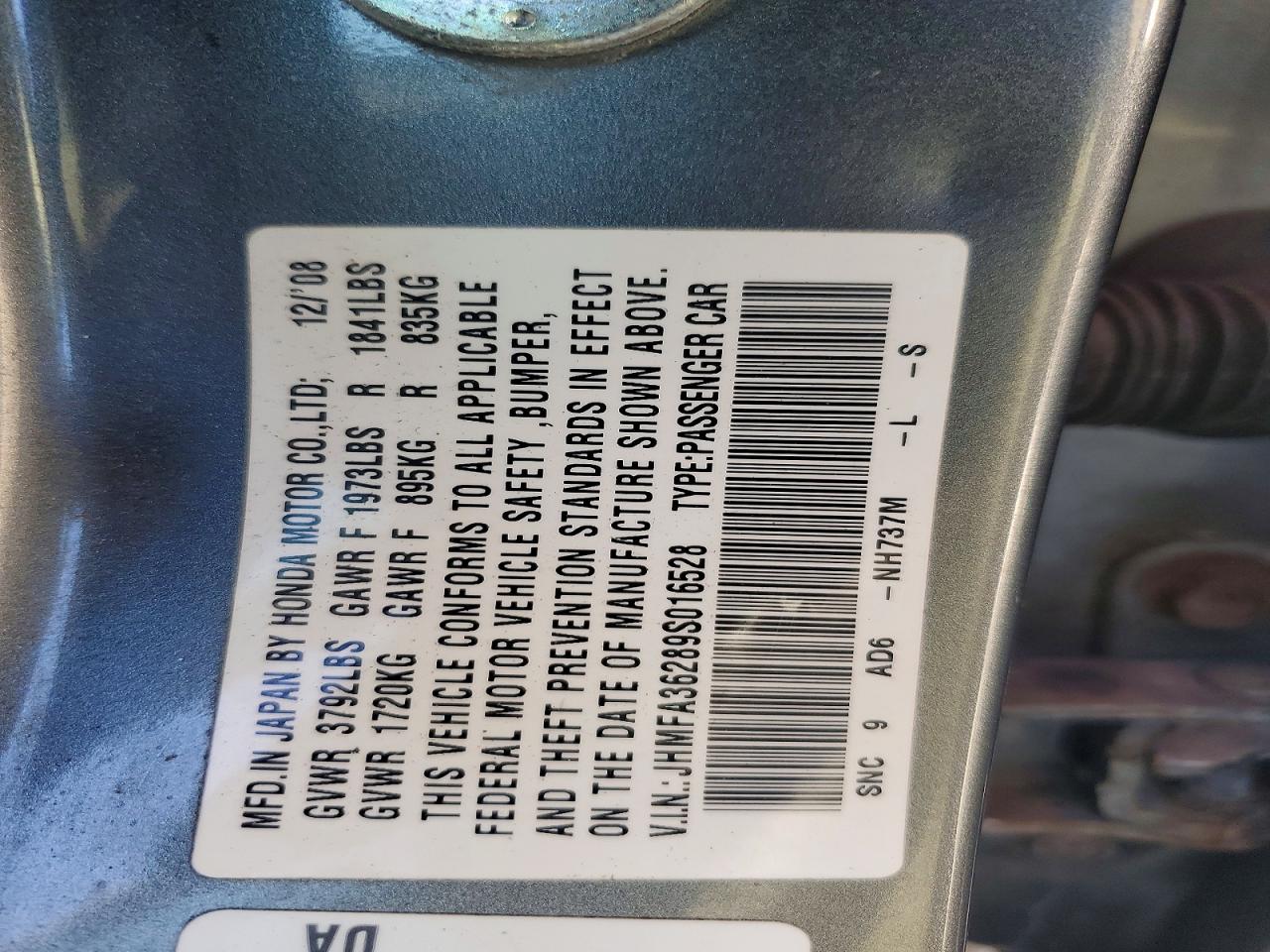 2009 Honda Civic Hybrid Gray vin: JHMFA36289S016528