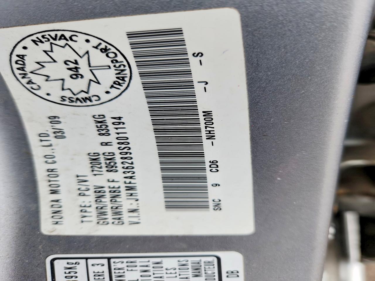 2009 Honda Civic Hybrid Silver vin: JHMFA36289S801194