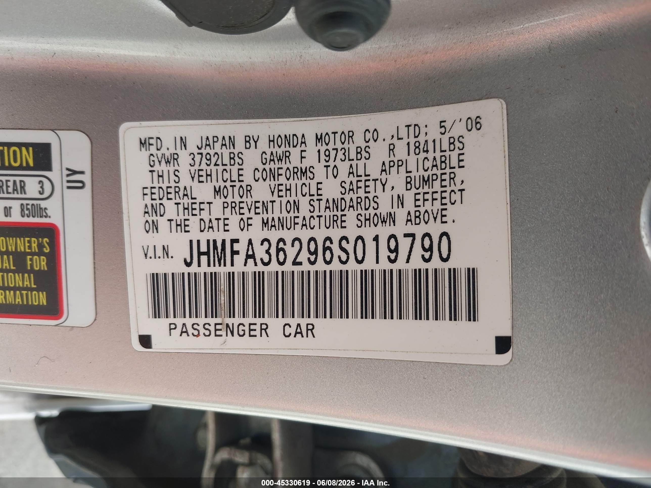 2006 Honda Civic Hybrid   Silver vin: JHMFA36296S019790