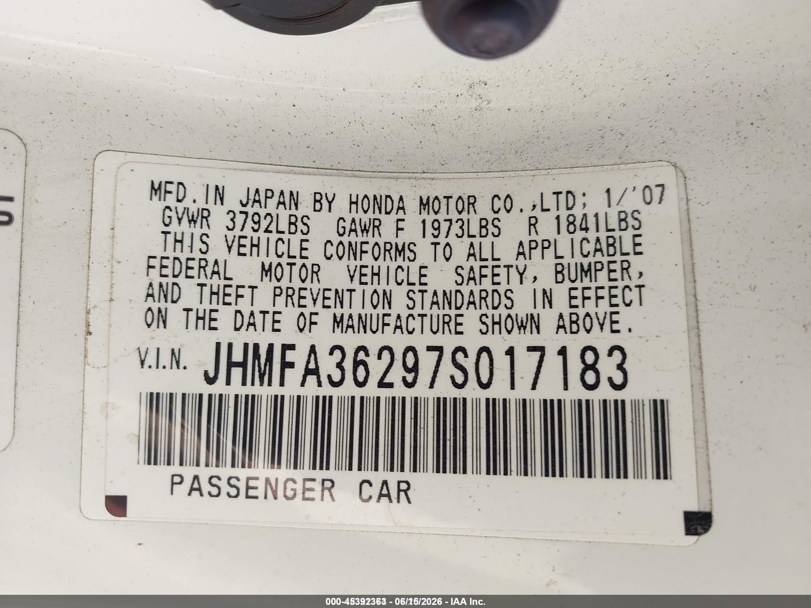 2007 Honda Civic Hybrid   White vin: JHMFA36297S017183