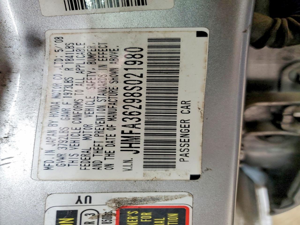 2008 Honda Civic Hybrid Silver vin: JHMFA36298S021980