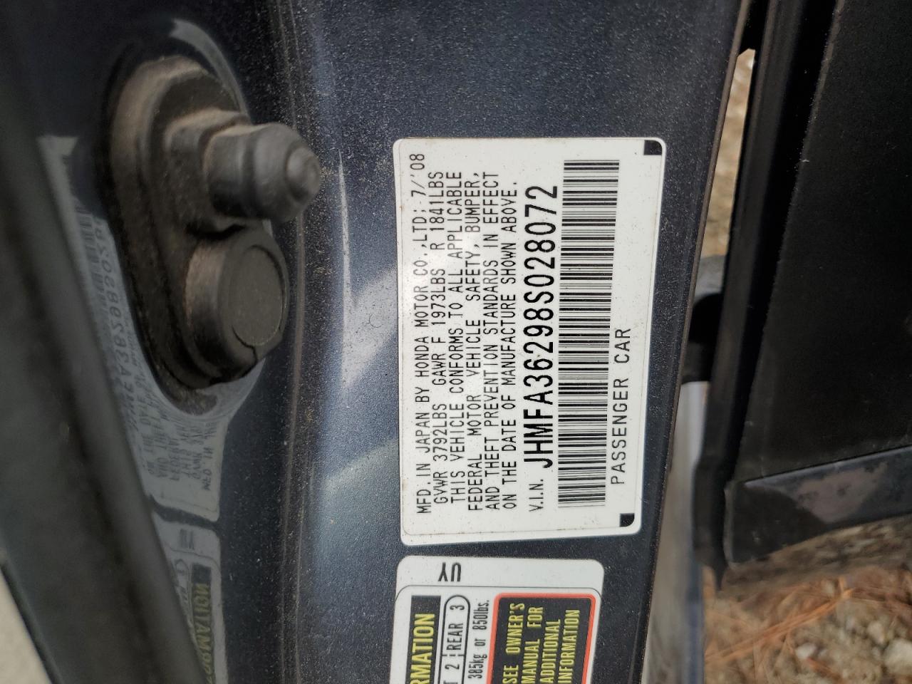 2008 Honda Civic Hybrid Серый vin: JHMFA36298S028072