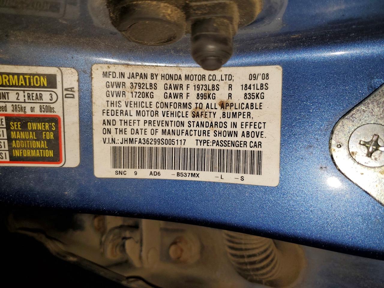 2009 Honda Civic Hybrid Blue vin: JHMFA36299S005117