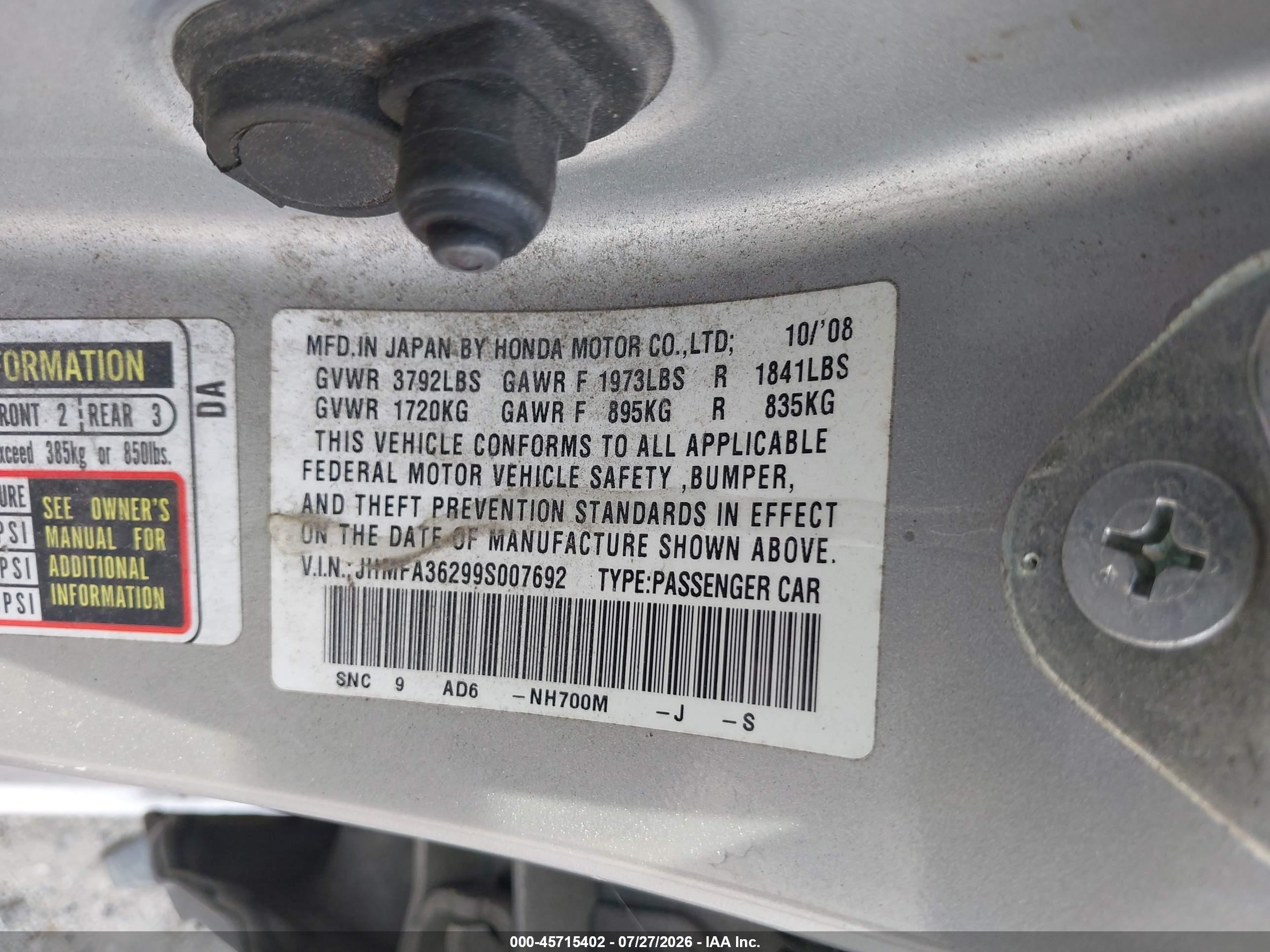 2009 Honda Civic Hybrid   Silver vin: JHMFA36299S007692