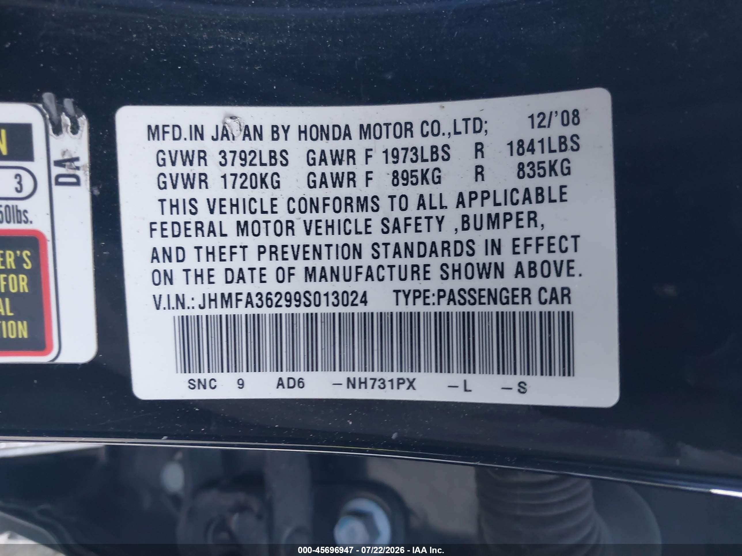 2009 Honda Civic Hybrid   Black vin: JHMFA36299S013024