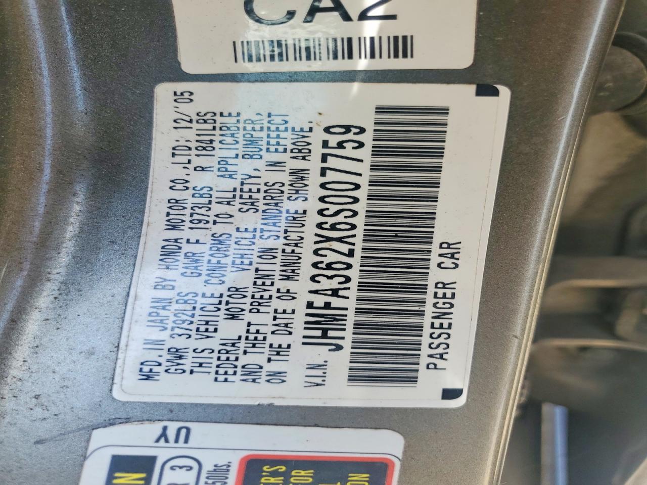 2006 Honda Civic Hybrid Gray vin: JHMFA362X6S007759