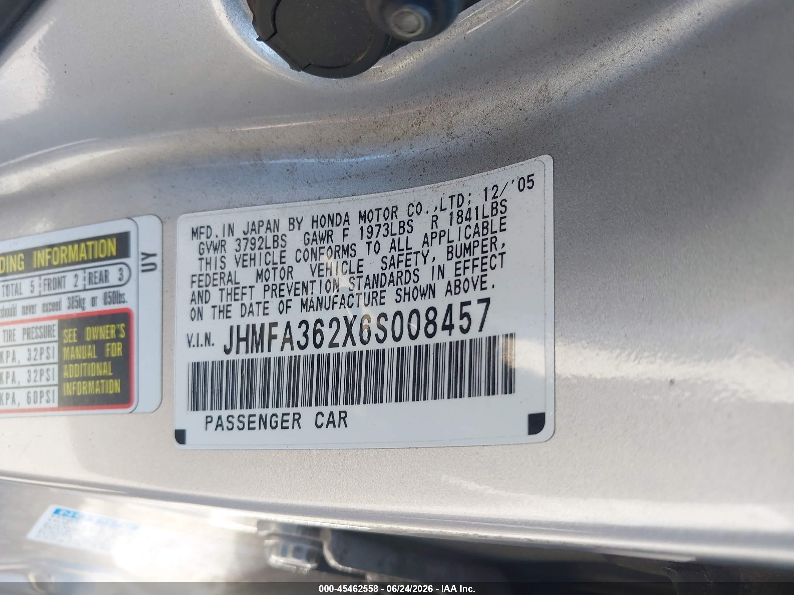 2006 Honda Civic Hybrid   Silver vin: JHMFA362X6S008457