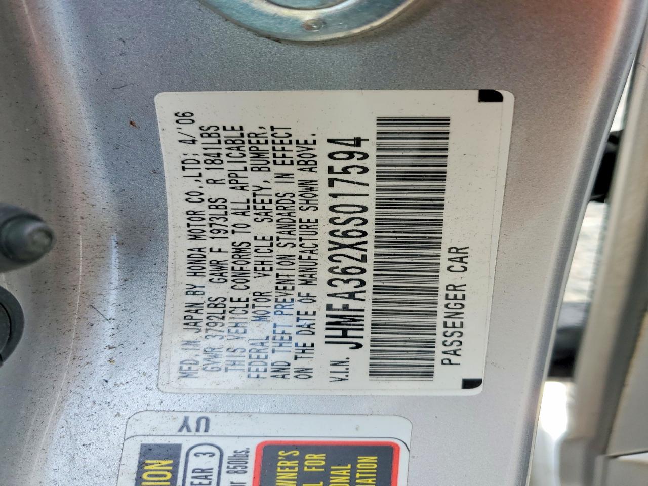 2006 Honda Civic Hybrid Silver vin: JHMFA362X6S017594
