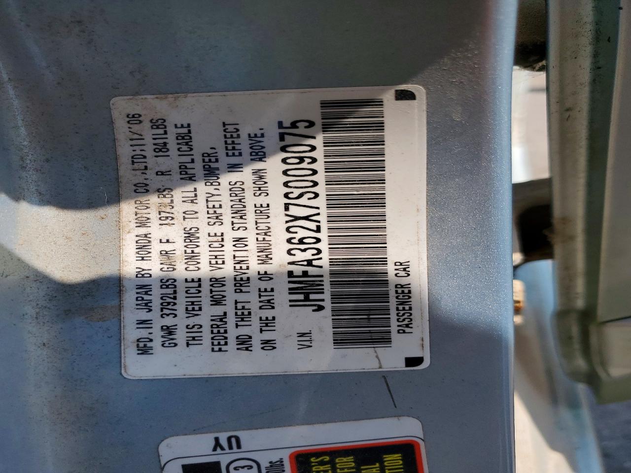 2007 Hond Civic Blue vin: JHMFA362X7S009075