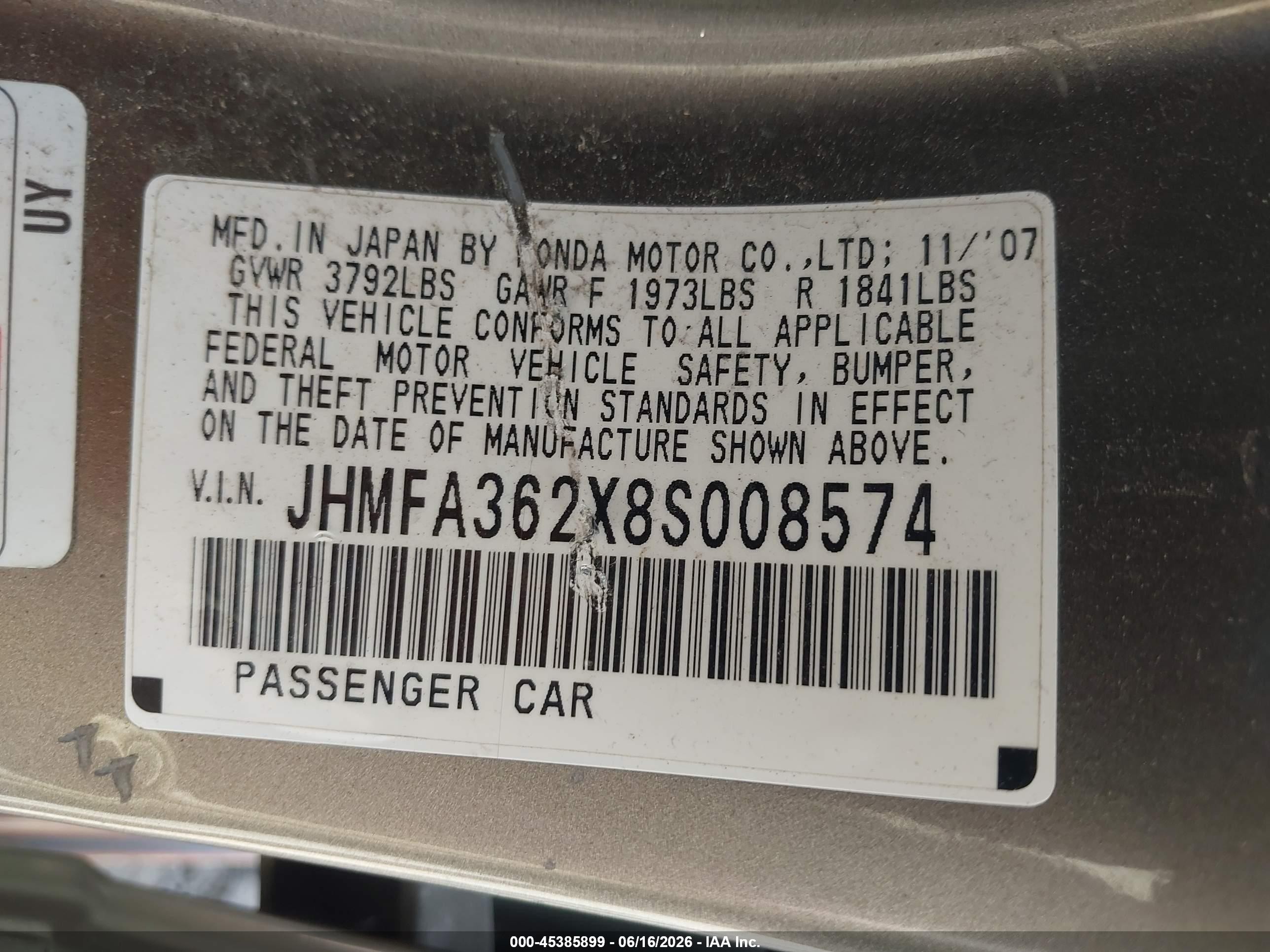 2008 Honda Civic Hybrid Pewter vin: JHMFA362X8S008574
