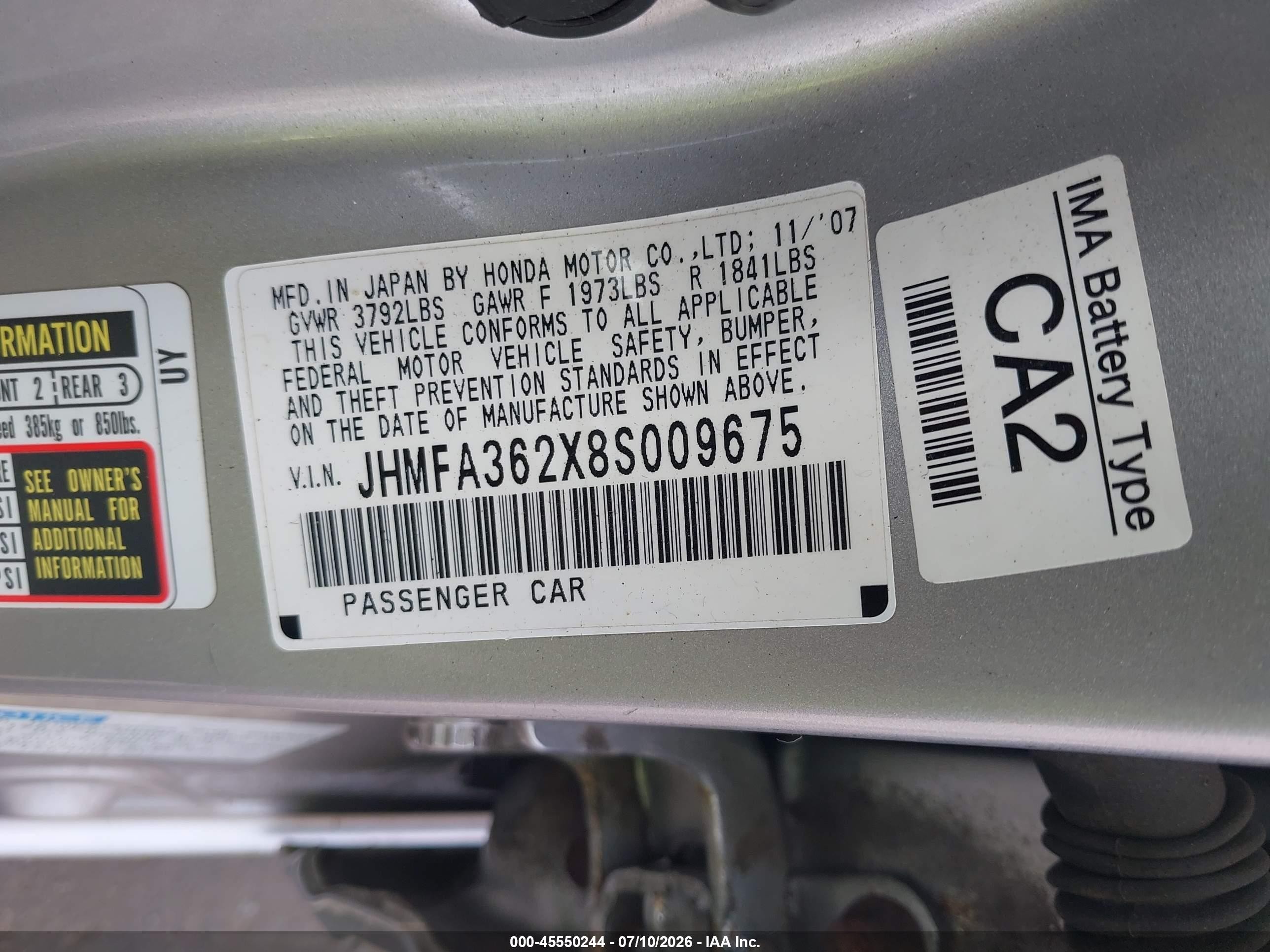 2008 Honda Civic Hybrid   Silver vin: JHMFA362X8S009675