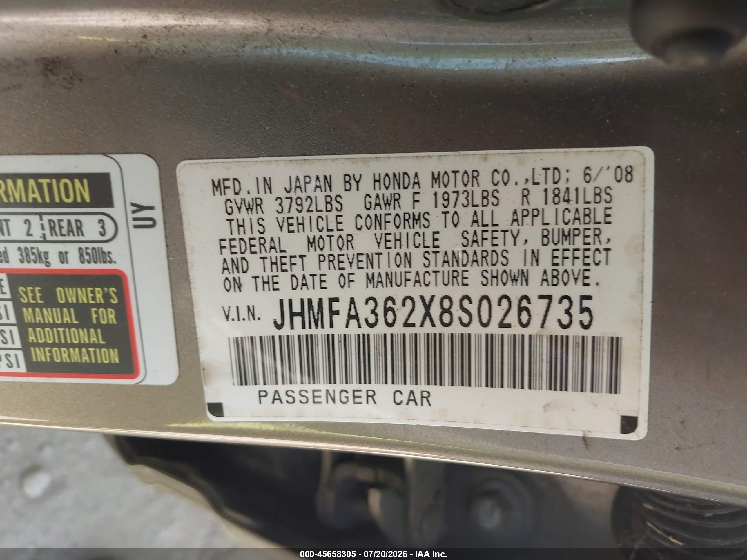 2008 Honda Civic Hybrid   Champagne vin: JHMFA362X8S026735