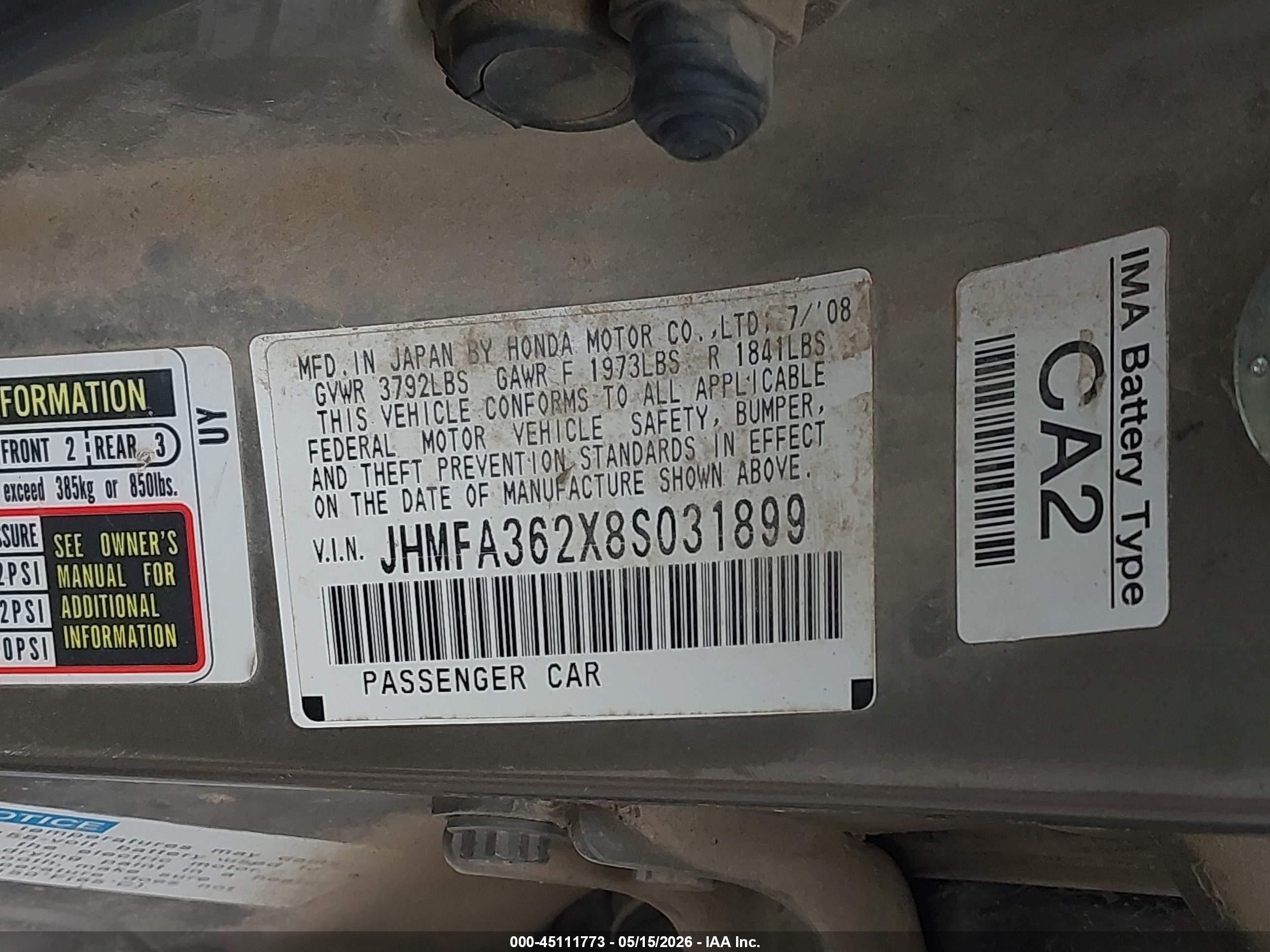 2008 Honda Civic Hybrid   Gray vin: JHMFA362X8S031899
