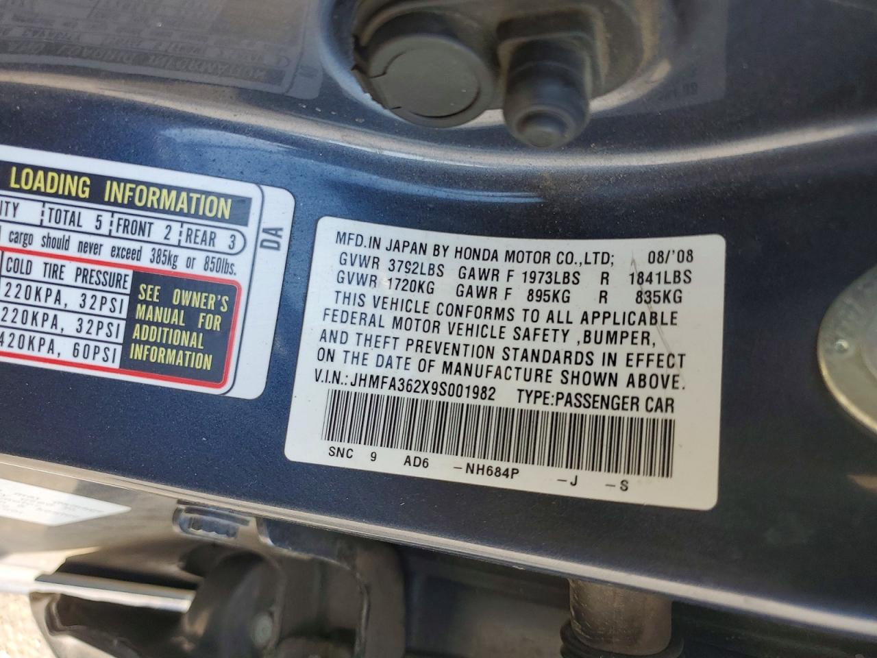 2009 Honda Civic Hybrid Blue vin: JHMFA362X9S001982