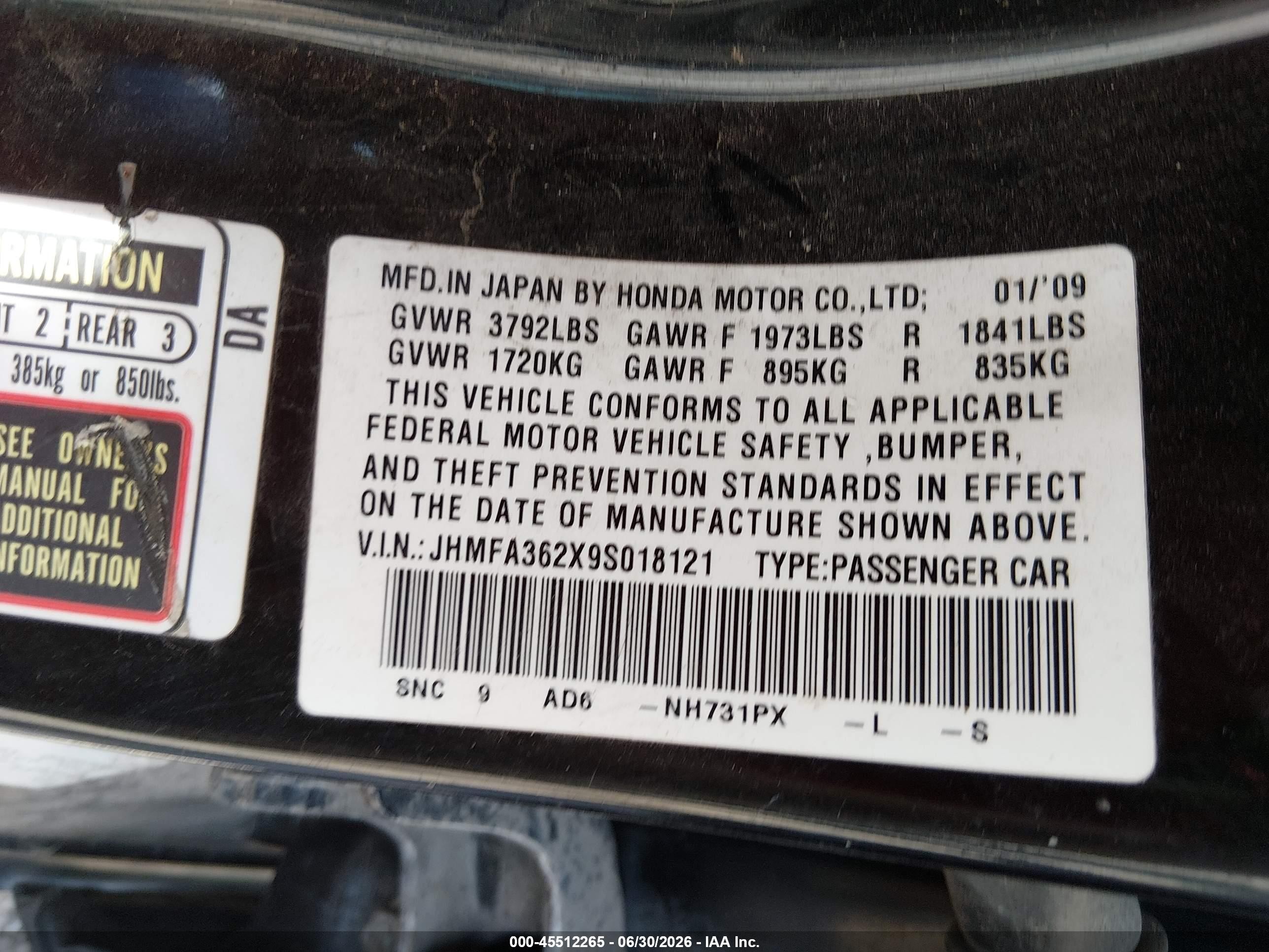 2009 Honda Civic Hybrid   Black vin: JHMFA362X9S018121