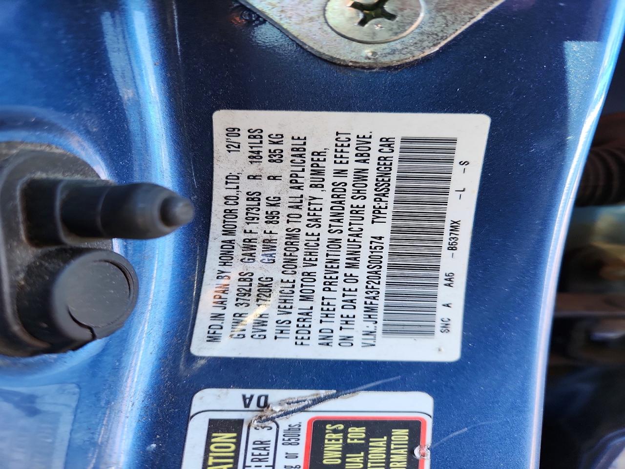 2010 Honda Civic Hybrid Blue vin: JHMFA3F20AS001574