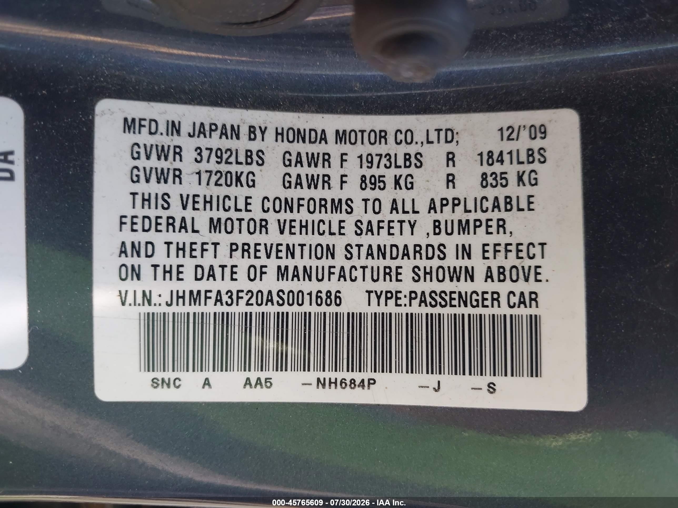 2010 Honda Civic Hybrid   Gray vin: JHMFA3F20AS001686