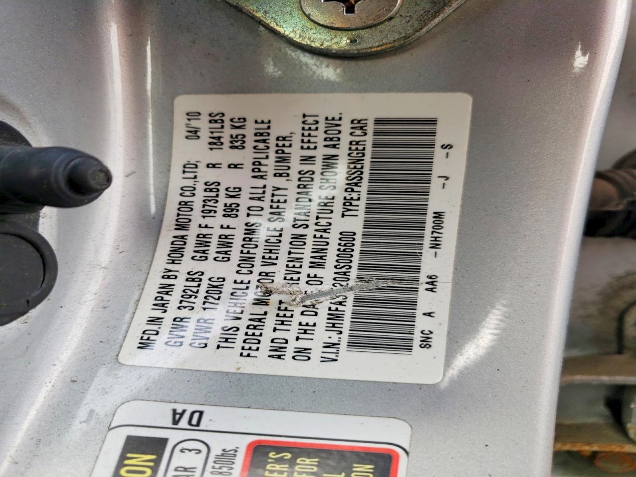 2010 Honda Civic Hybrid Серебряный vin: JHMFA3F20AS006600