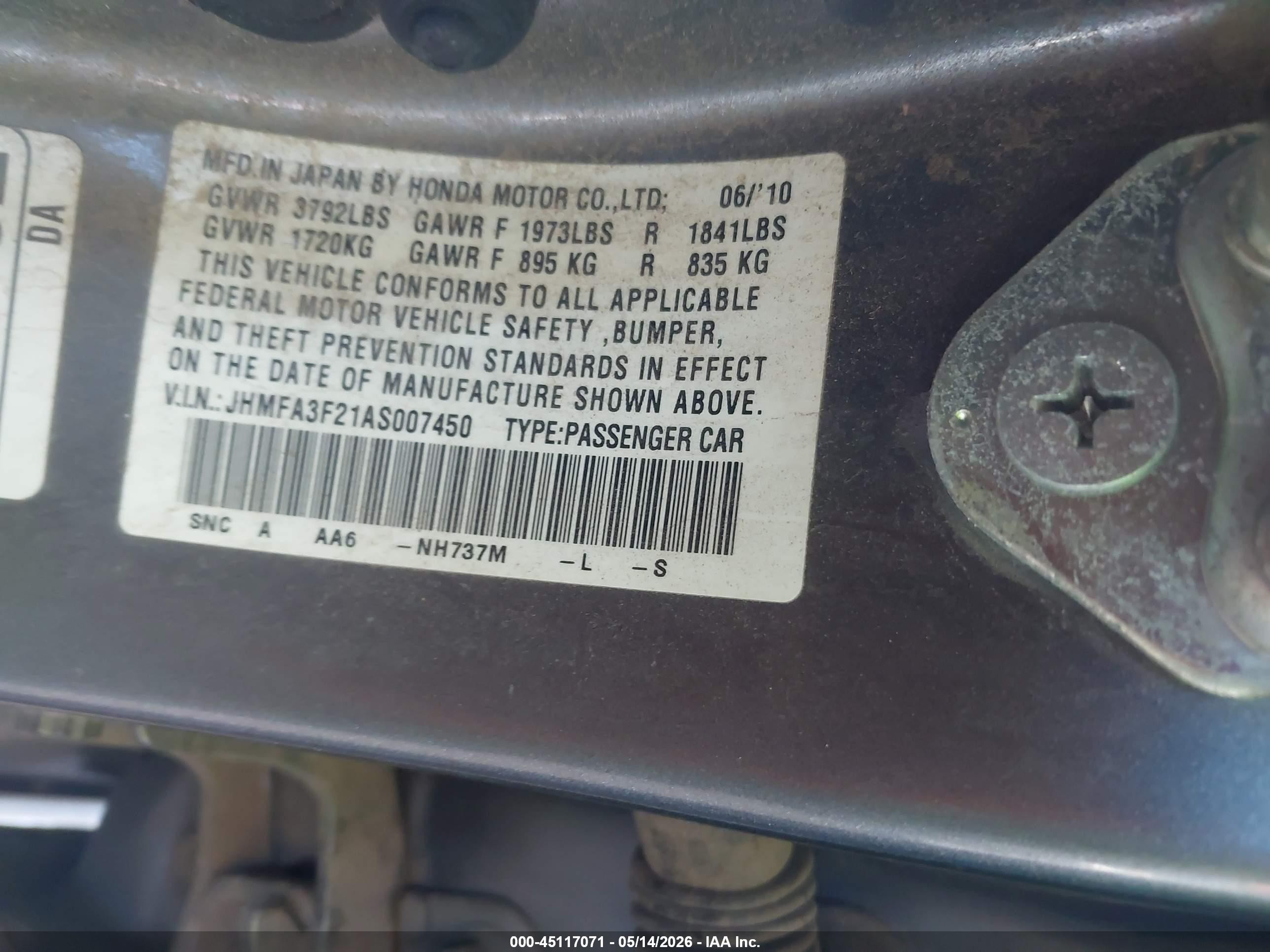 2010 Honda Civic Hybrid   Silver vin: JHMFA3F21AS007450