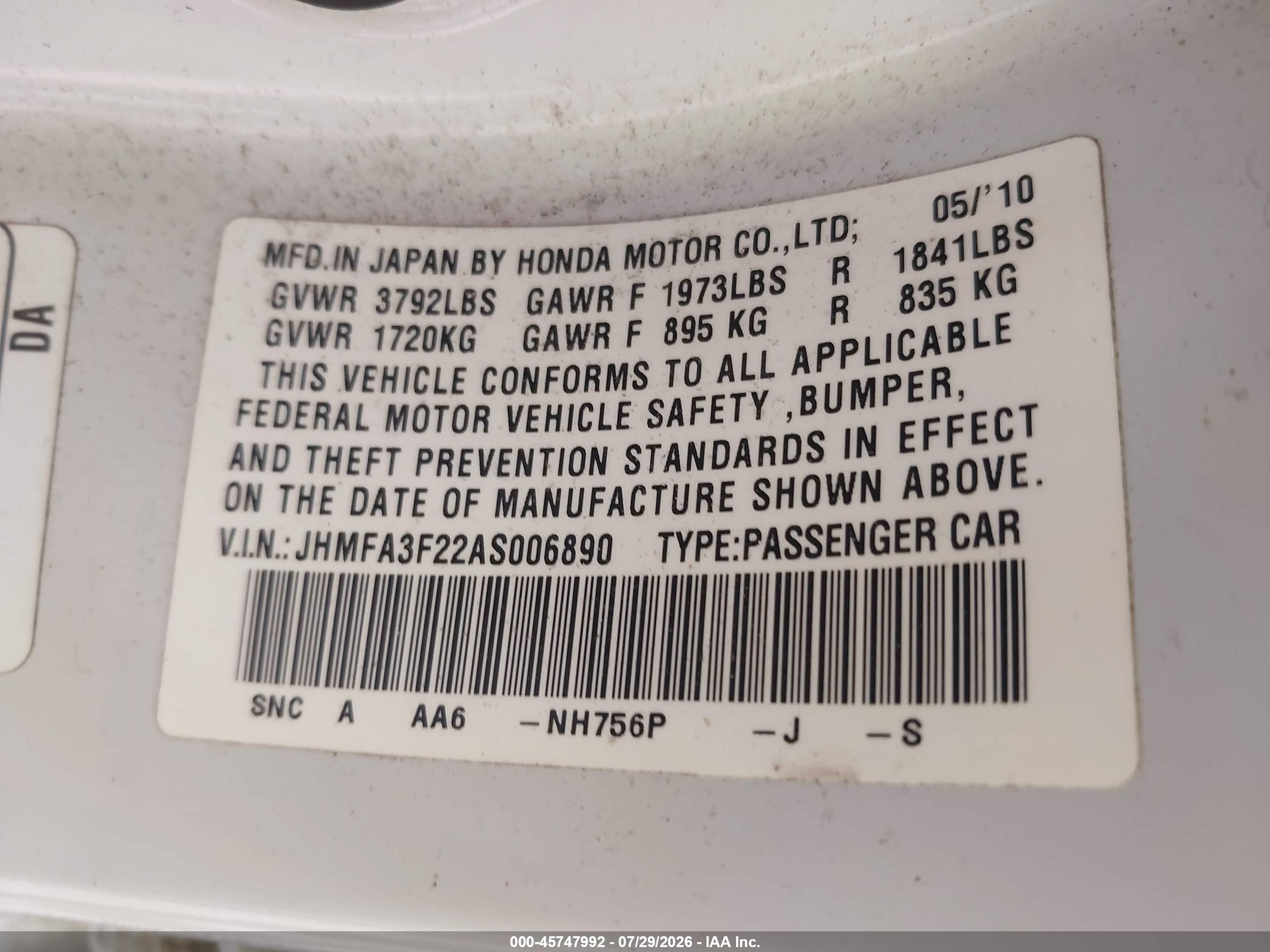 2010 Honda Civic Hybrid   White vin: JHMFA3F22AS006890