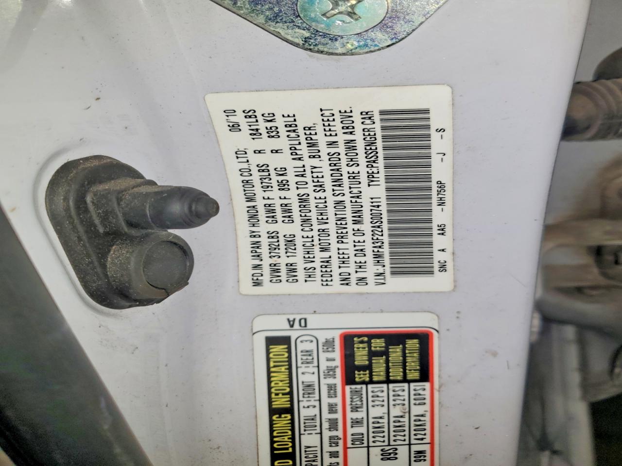 2010 Honda Civic Hybrid White vin: JHMFA3F22AS007411