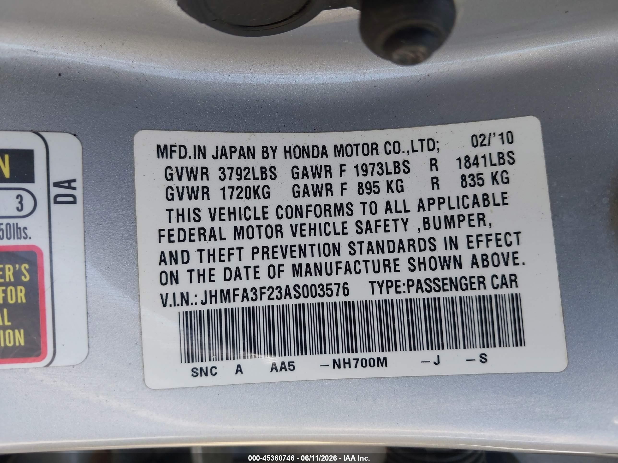 2010 Honda Civic Hybrid   Silver vin: JHMFA3F23AS003576