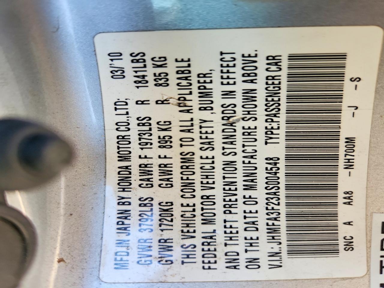 2010 Honda Civic Hybrid Silver vin: JHMFA3F23AS004548