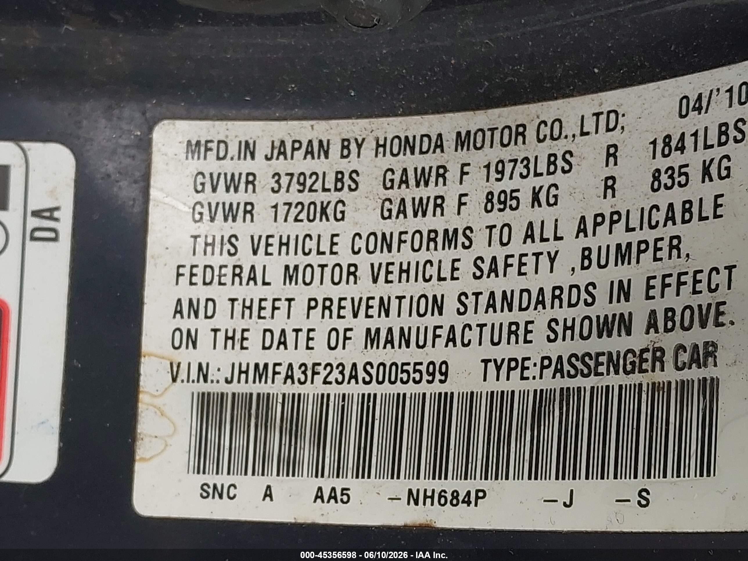 2010 Honda Civic Hybrid   Синий vin: JHMFA3F23AS005599